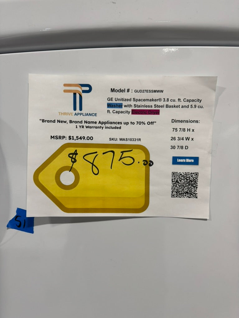 GE Unitized Spacemaker® 3.8 cu. ft. Capacity Washer with Stainless Steel Basket and 5.9 cu. ft. Capacity Electric Dryer MODEL: GUD27ESSMWW SKU: WAS10331R