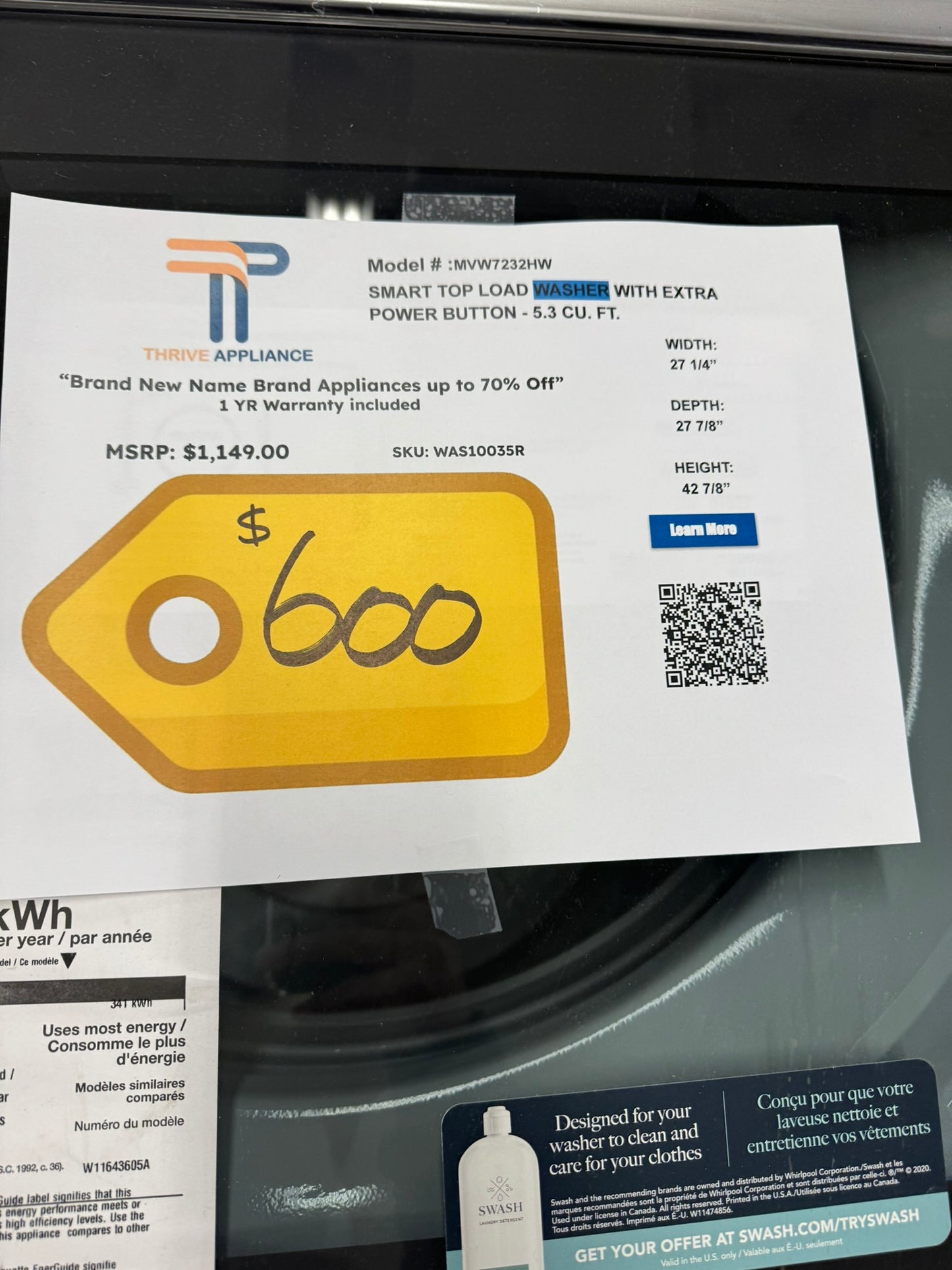 GREAT NEW MAYTAG SMART TOP LOAD WASHER MODEL: MVW7232HW WAS10035R