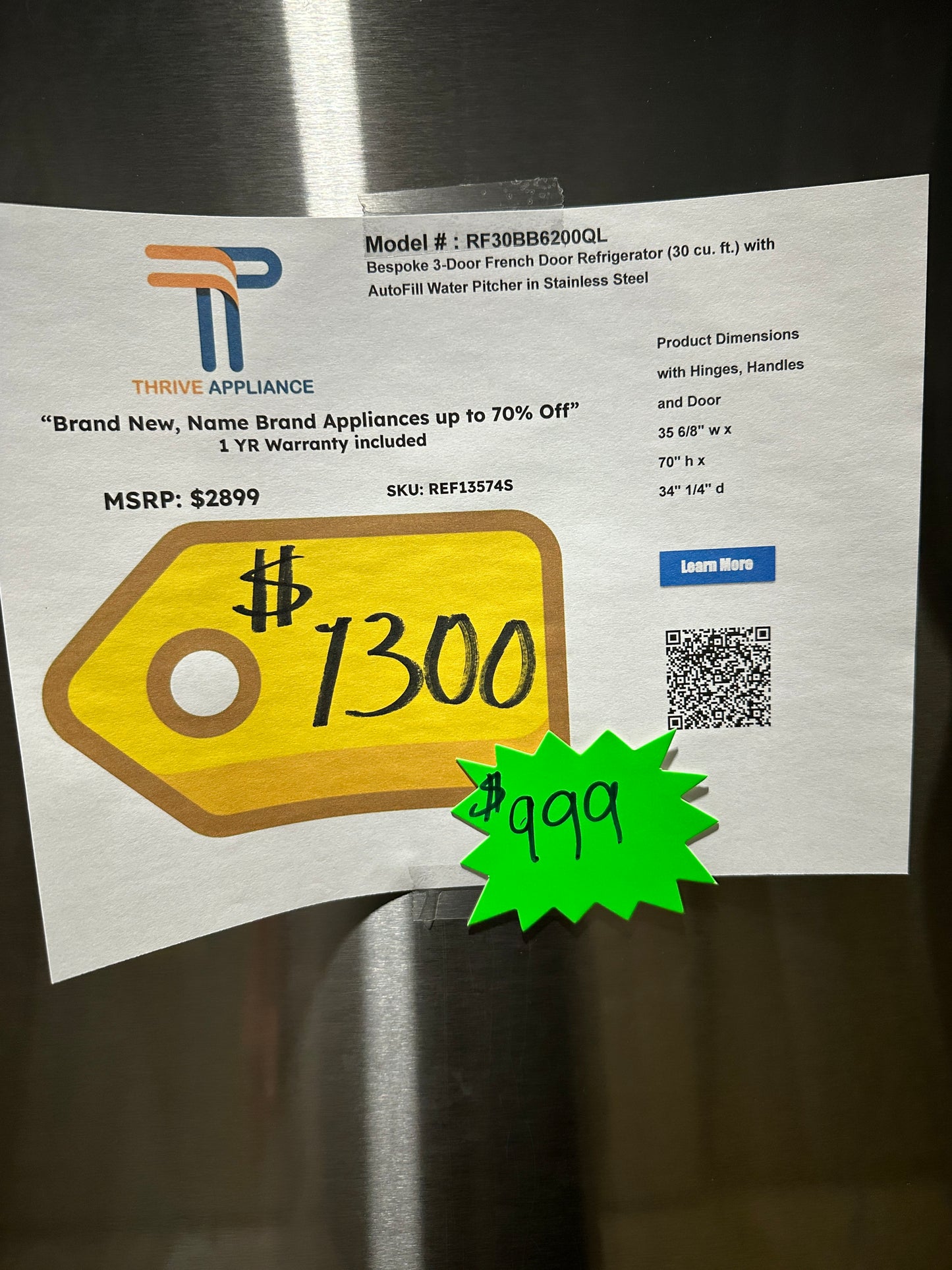 GREAT NEW SAMSUNG SMART REFRIGERATOR with AUTOFILL PITCHER MODEL: RF30BB6200QL REF13574S