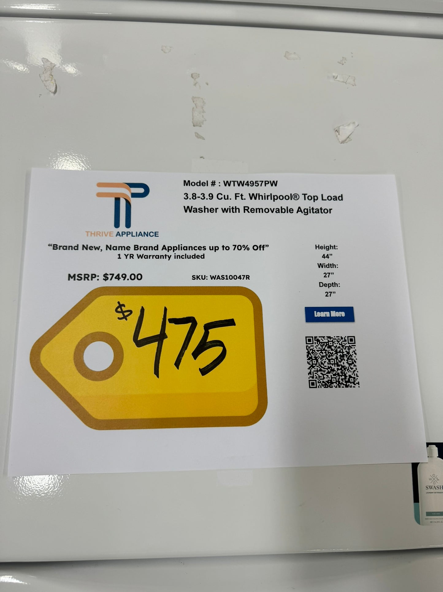 NEW WHIRLPOOL TOP LOAD WASHER with 2 in 1 REMOVABLE AGITATOR MODEL: WTW4957PW WAS10047R