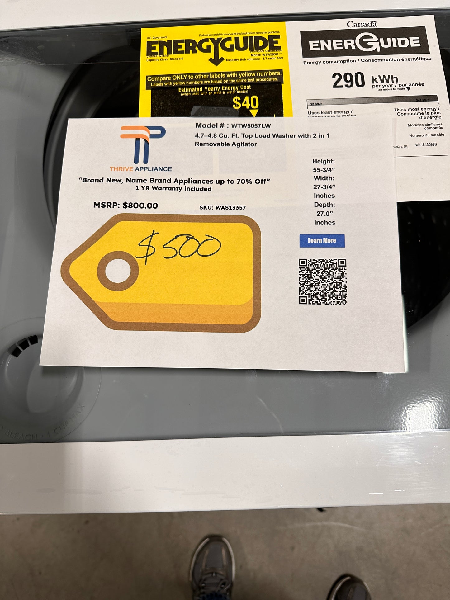 REMOVABLE AGITATOR TOP LOAD WASHER MODEL: WTW5057LW WAS13357