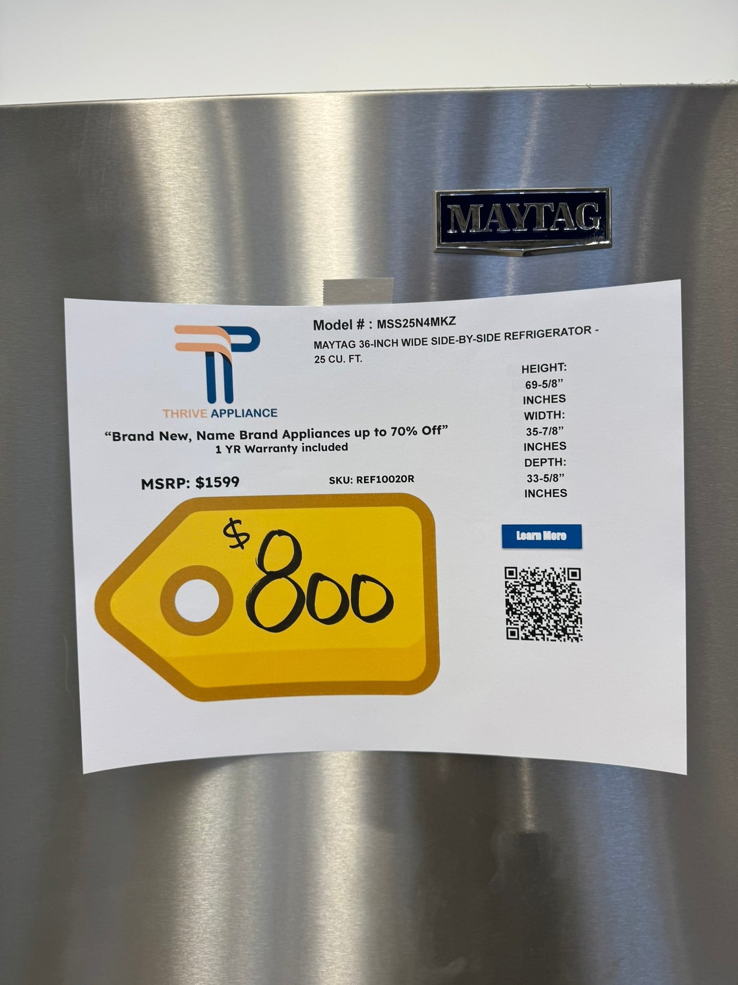 NEW MAYTAG SIDE-BY-SIDE REFRIGERATOR MODEL: MSS25N4MKZ REF10020R