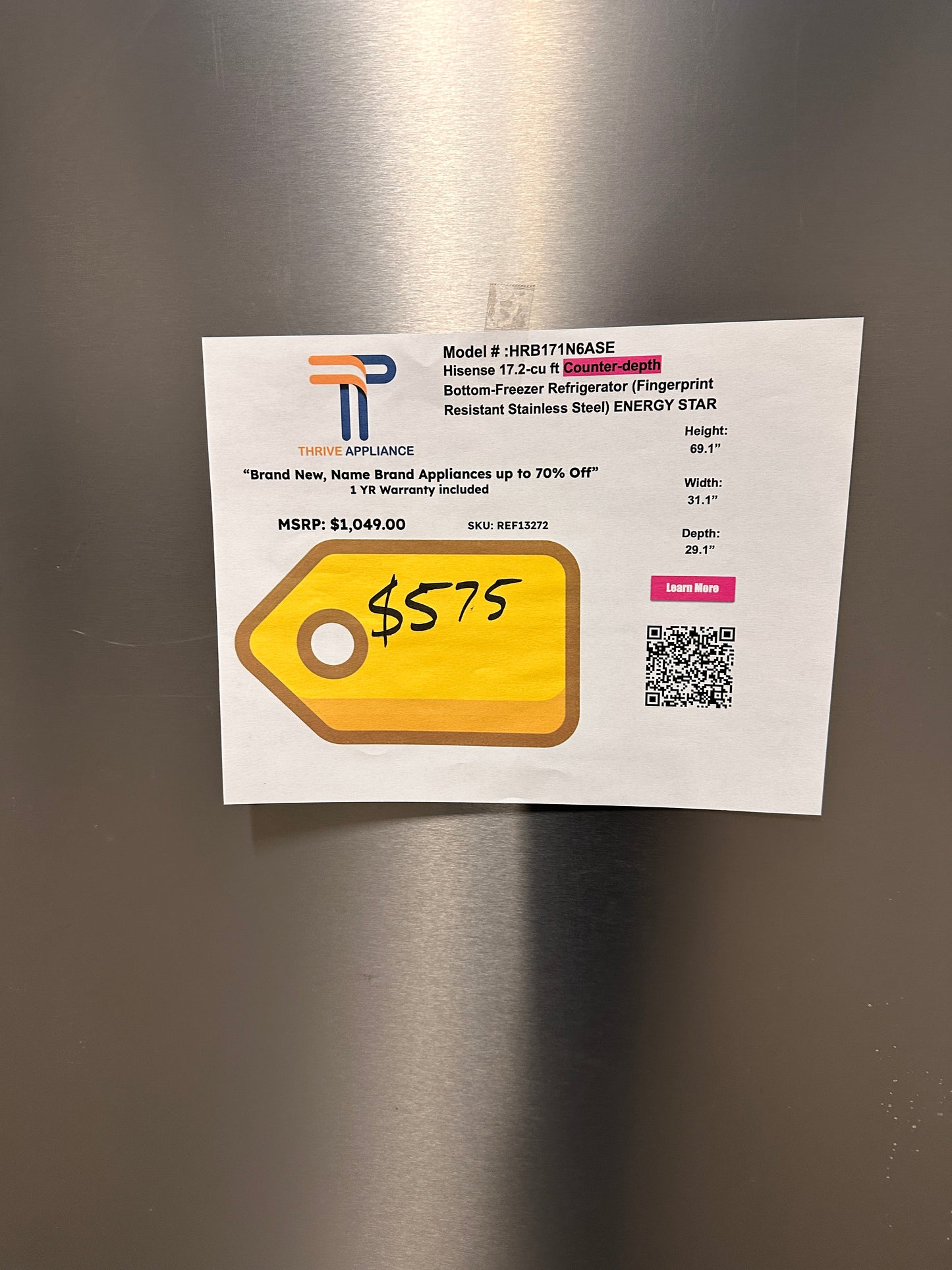BRAND NEW BOTTOM FREEZER HISENSE REFRIGERATOR MODEL: HRB171N6ASE REF13272