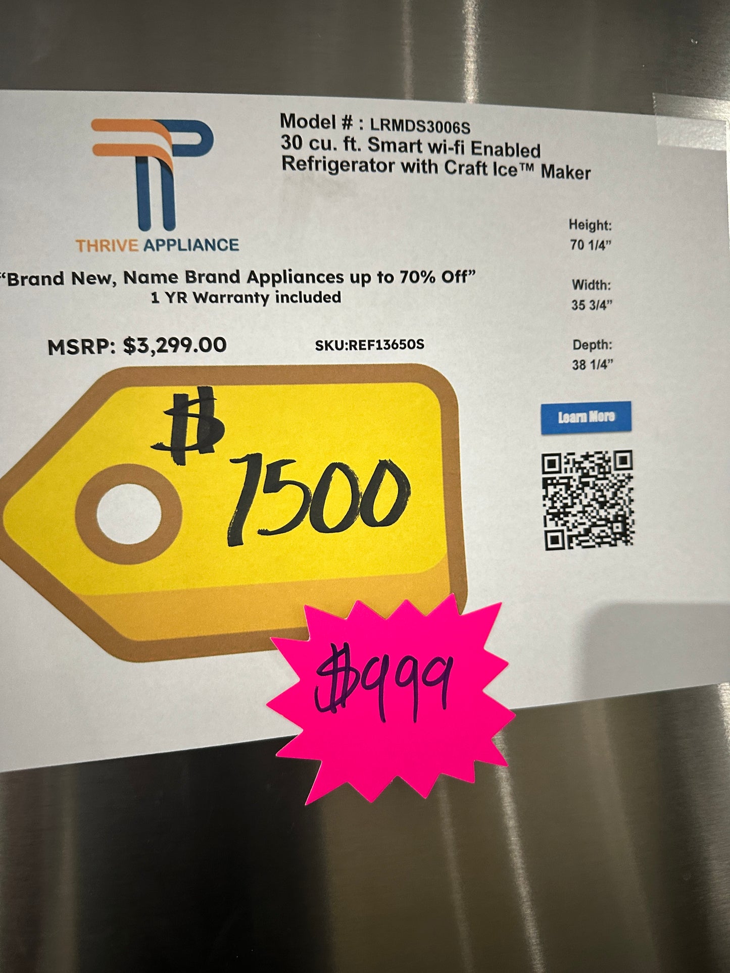 GREAT NEW LG SMART REFRIGERATOR with CRAFT ICE MAKER MODEL: LRMDS3006S REF13650S