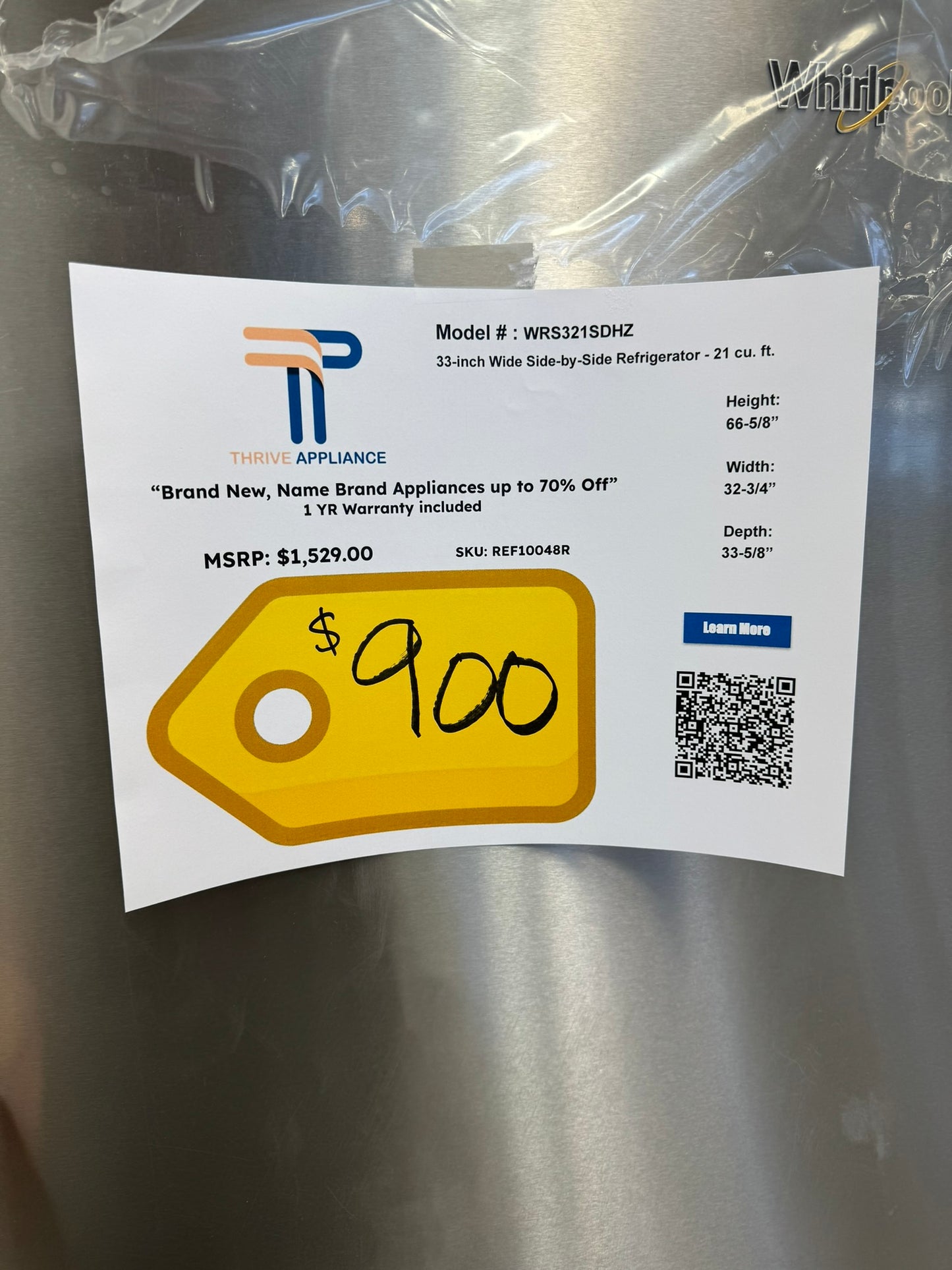 GREAT NEW WHIRLPOOL SIDE BY SIDE REFRIGERATOR MODEL: WRS321SDHZ REF10048R