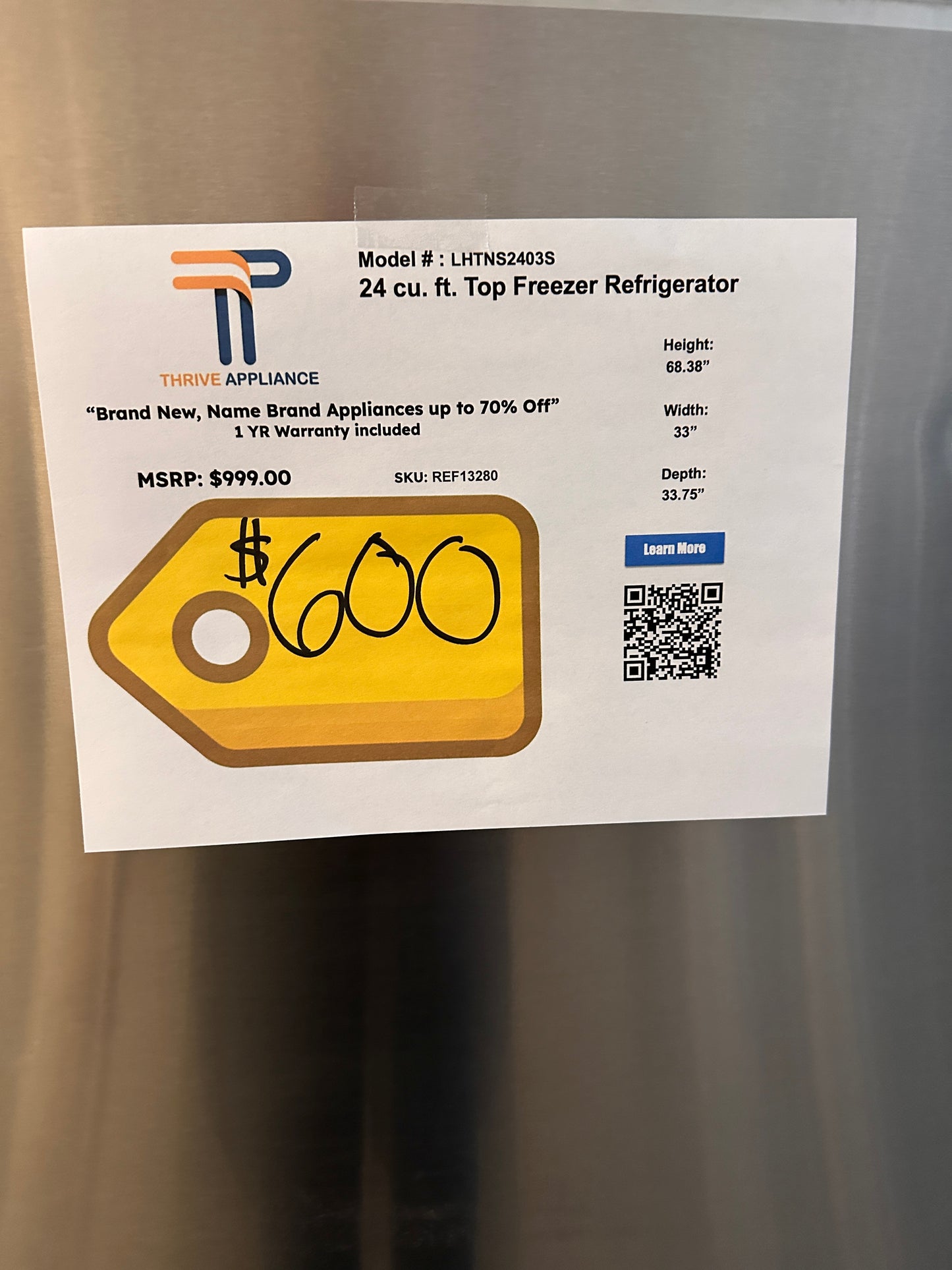 BRAND NEW STAINLESS STEEL TOP FREEZER REFRIGERATOR MODEL: LHTNS2403S REF13280