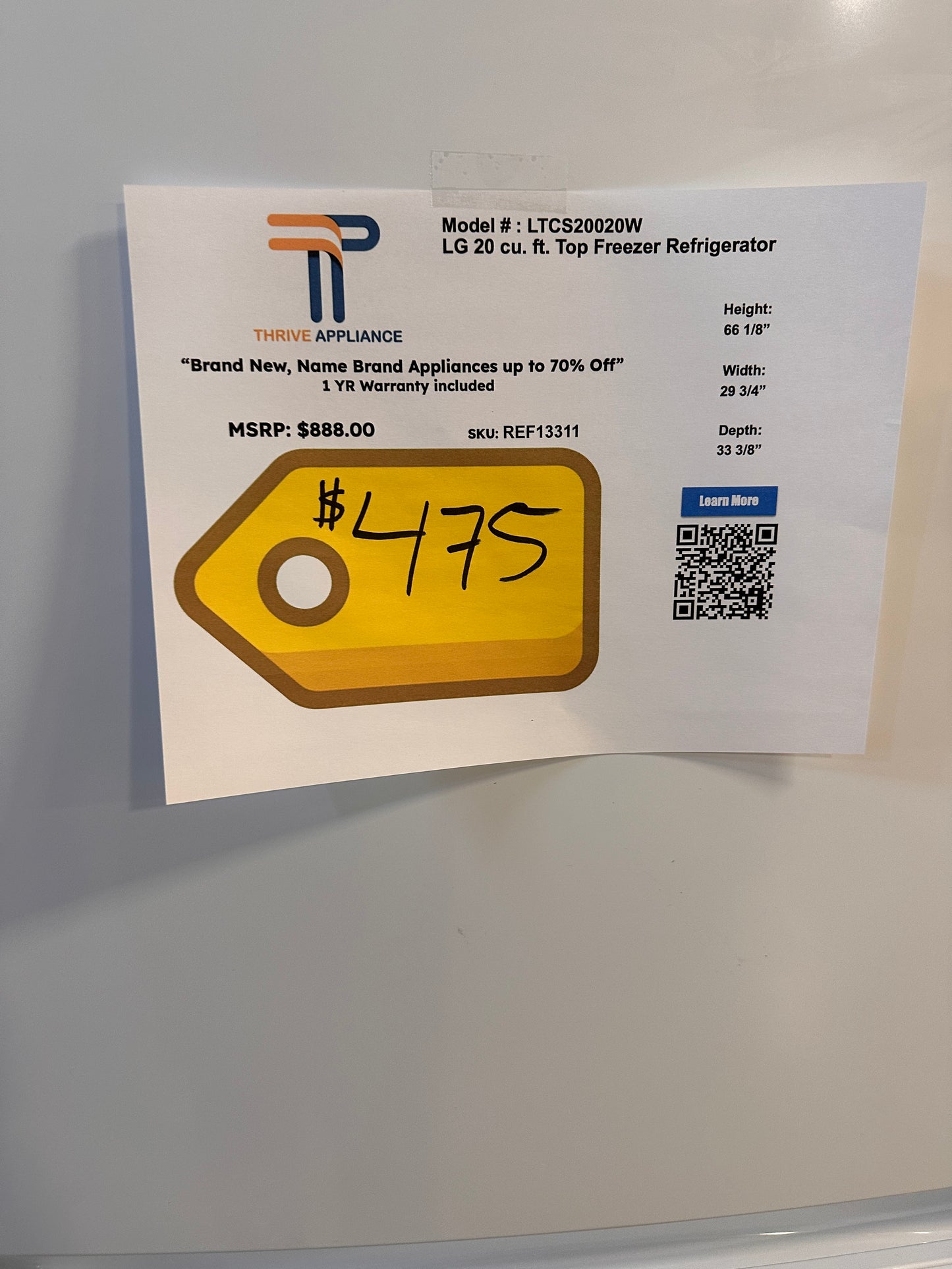 BRAND NEW LG TOP FREEZER REFRIGERATOR MODEL: LTCS20020W REF13311
