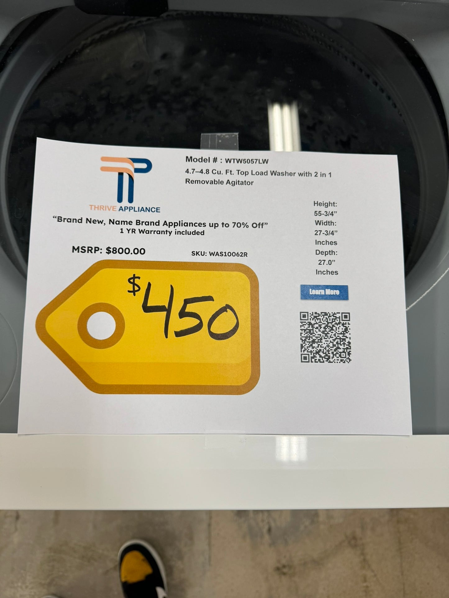 REMOVABLE AGITATOR TOP LOAD WHIRLPOOL WASHER MODEL: WTW5057LW WAS10062R