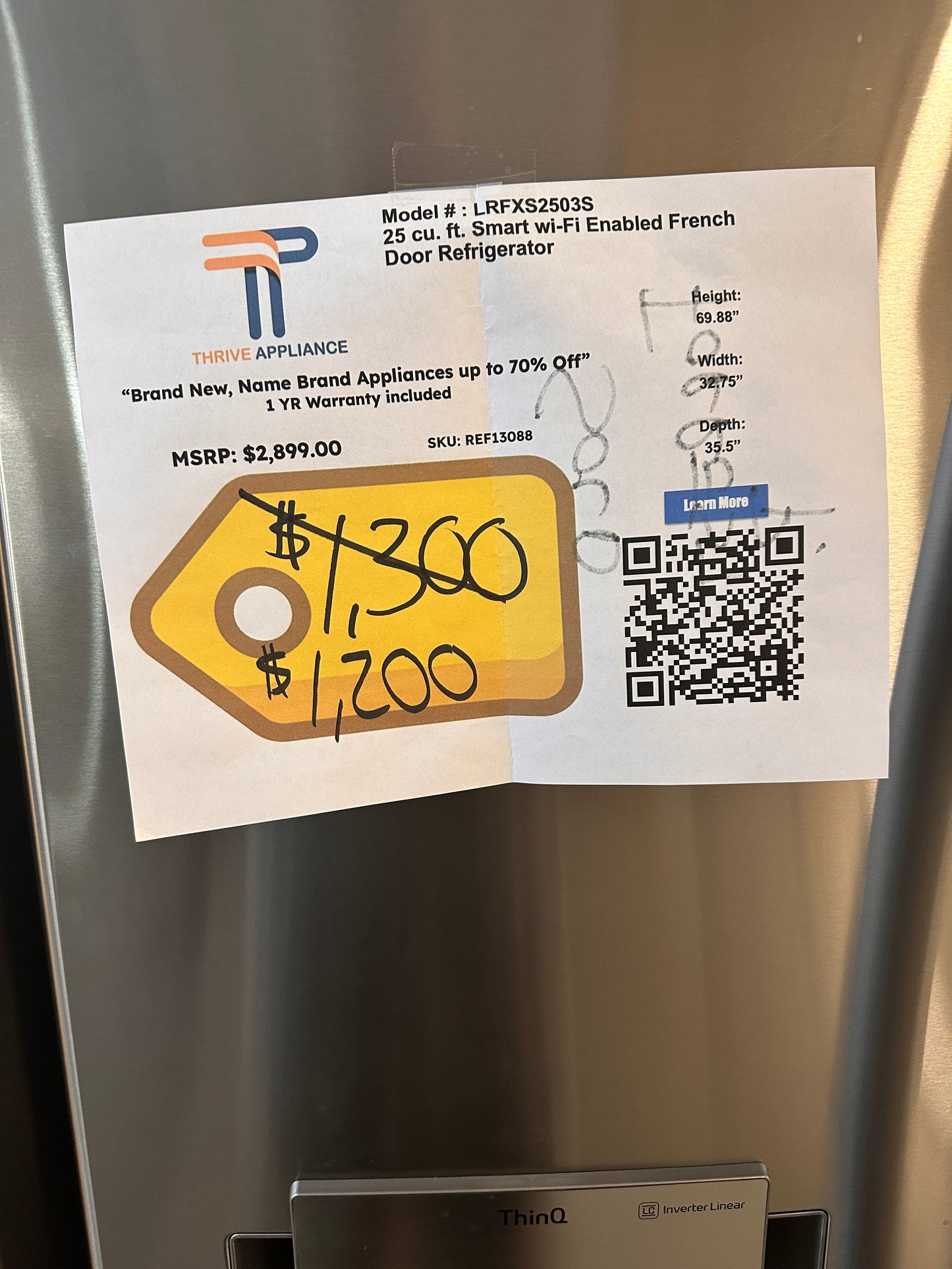 GREAT NEW LG FRENCH DOOR SMART REFRIGERATOR MODEL: LRFXS2503S REF13088