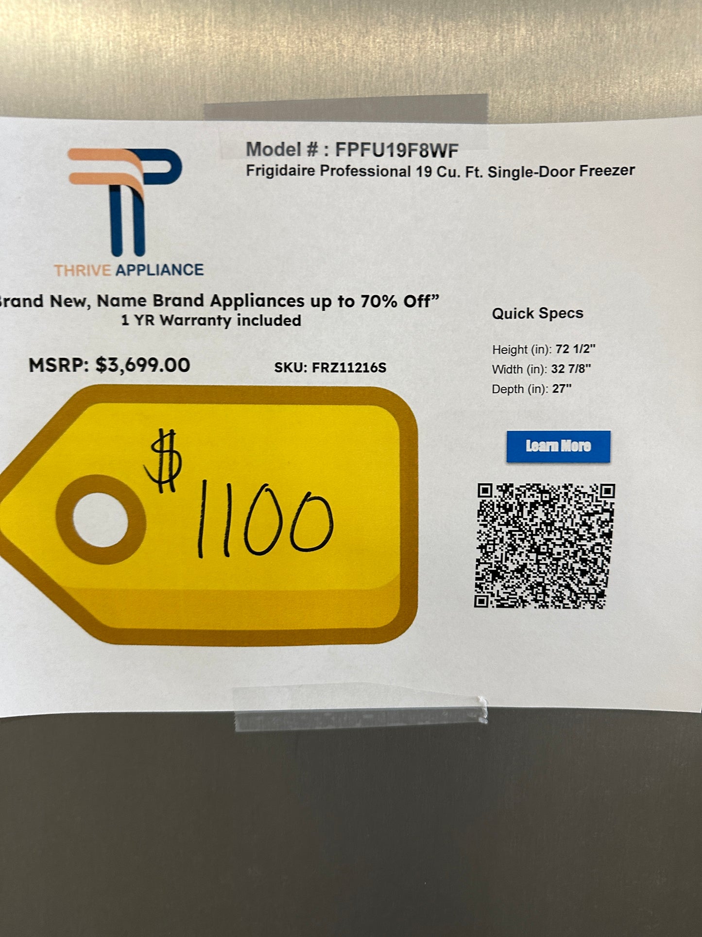 GREAT NEW PROFESSIONAL SINGLE DOOR FREEZER Model: FPFU19F8WF FRZ11216S