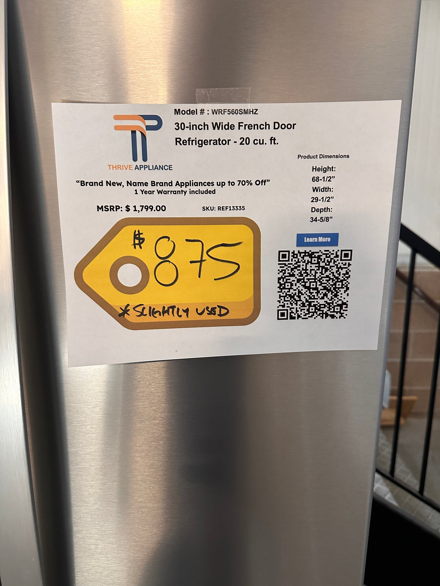 GREAT GENTLY USED WHIRLPOOL REFRIGERATOR MODEL: WRF560SMHZ REF13335