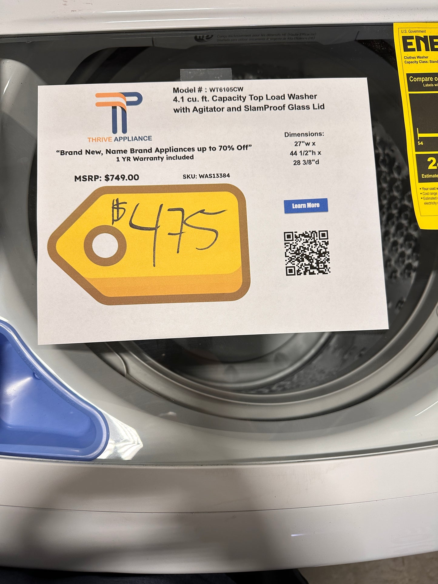 GREAT NEW LG TOP LOAD WASHER with SLAMPROOF LID MODEL: WT6105CW WAS13384