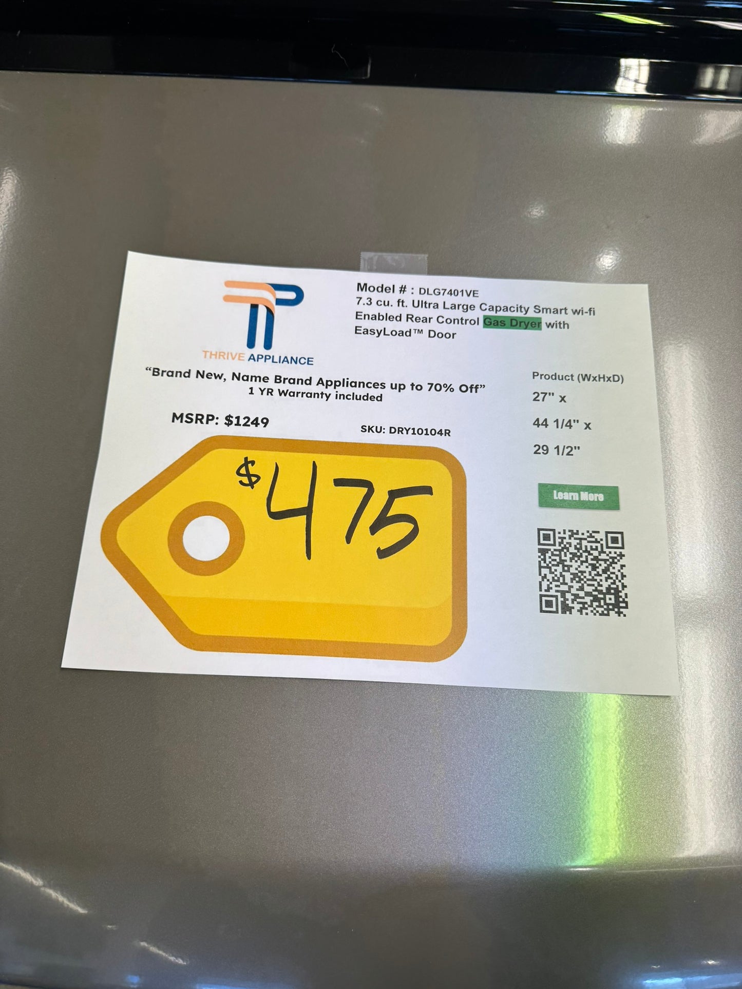 NEW LG SMART GAS DRYER with EASYLOAD DOOR MODEL: DLG7401VE DRY10104R