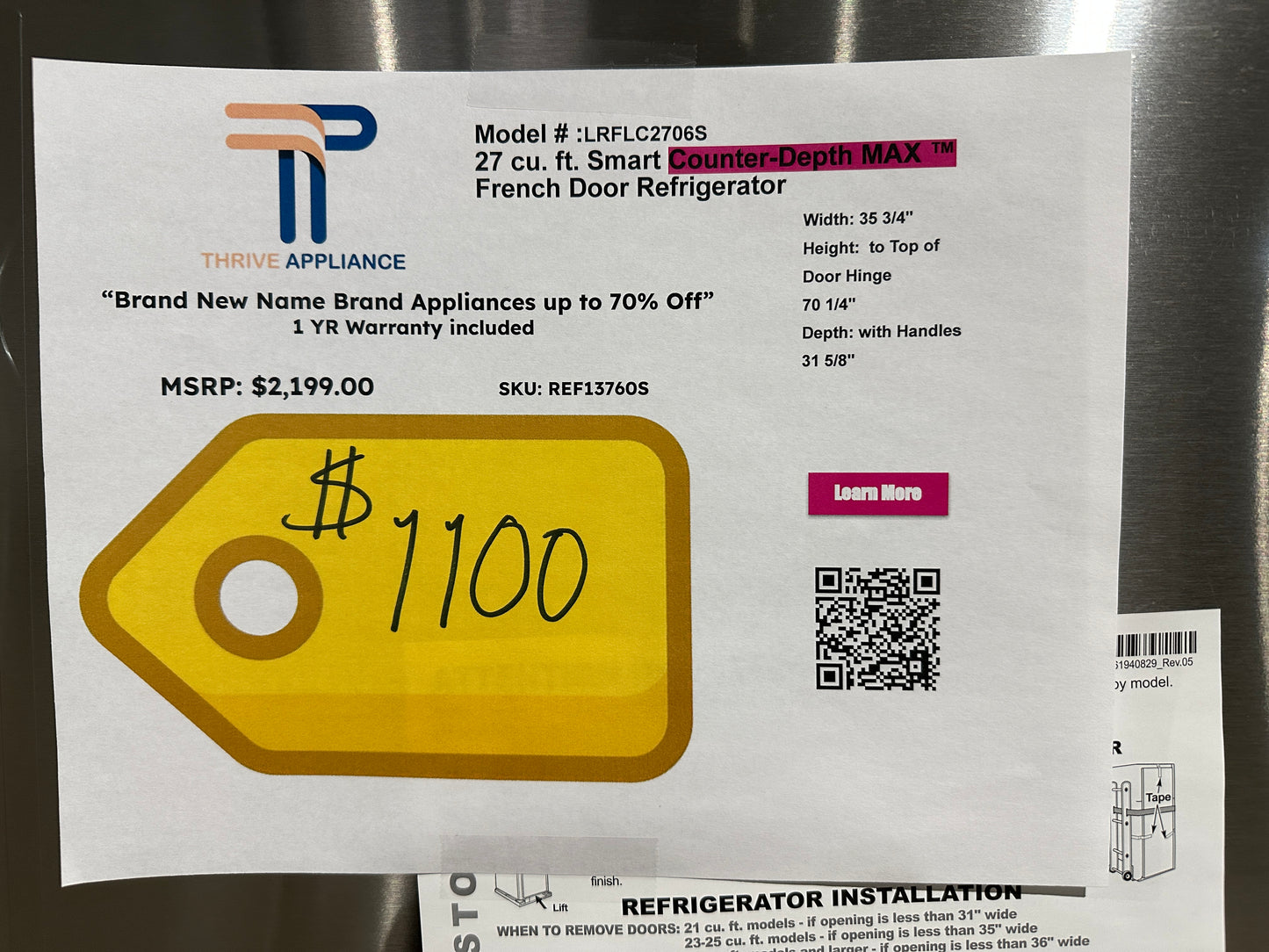 27 Cu. Ft. Smart Counter-Depth MAX French Door Refrigerator LG MODEL: LRFLC2706S REF13760S