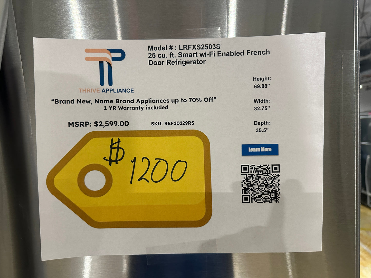 GREAT PRICE! LG 25 Cu. Ft Stainless Smart French Door Refrigerator MODEL: LRFXS2503S REF10229RS