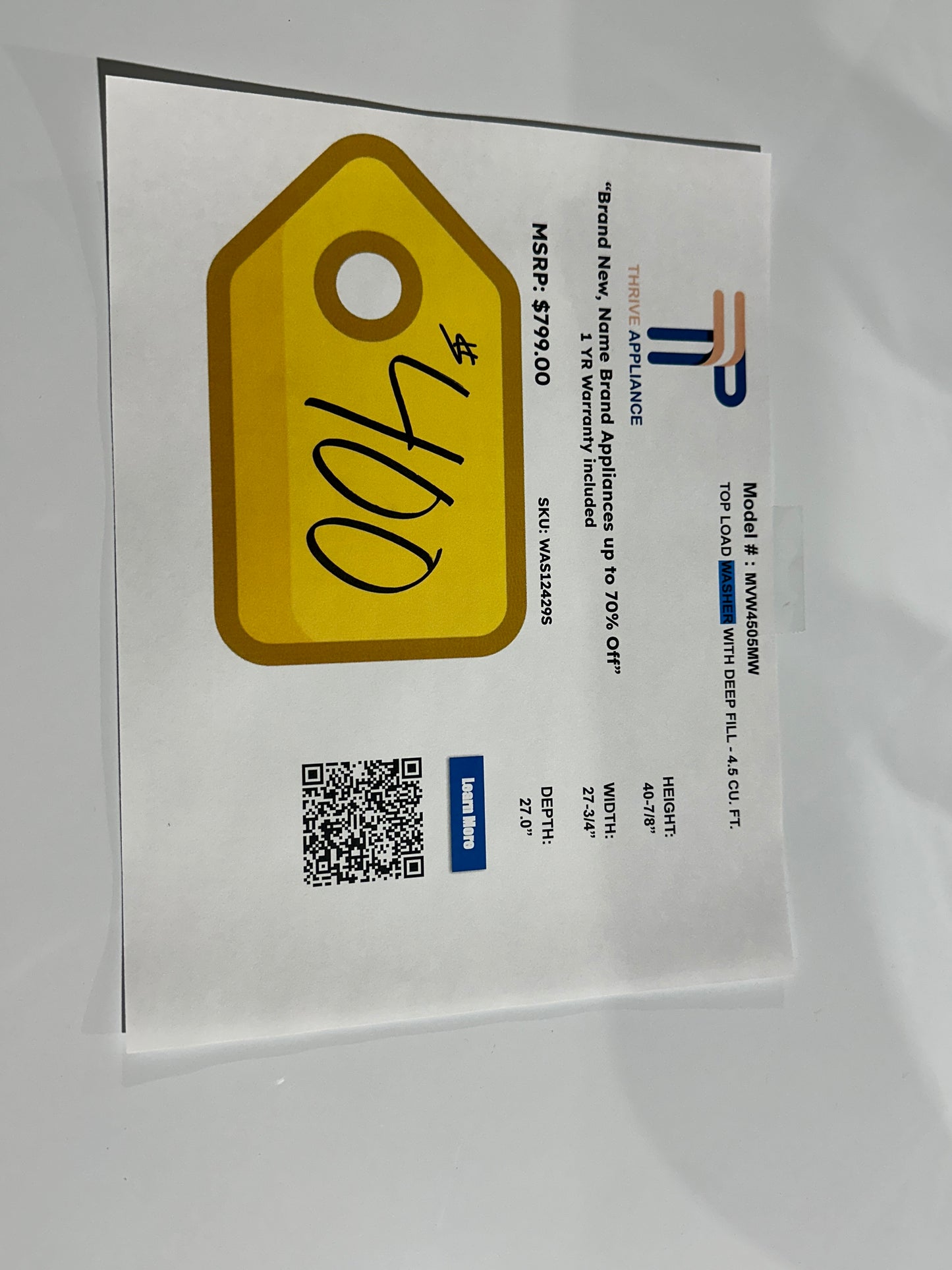 BRAND NEW DEEP FILL MAYTAG TOP LOAD WASHER MODEL: MVW4505MW WAS12429S