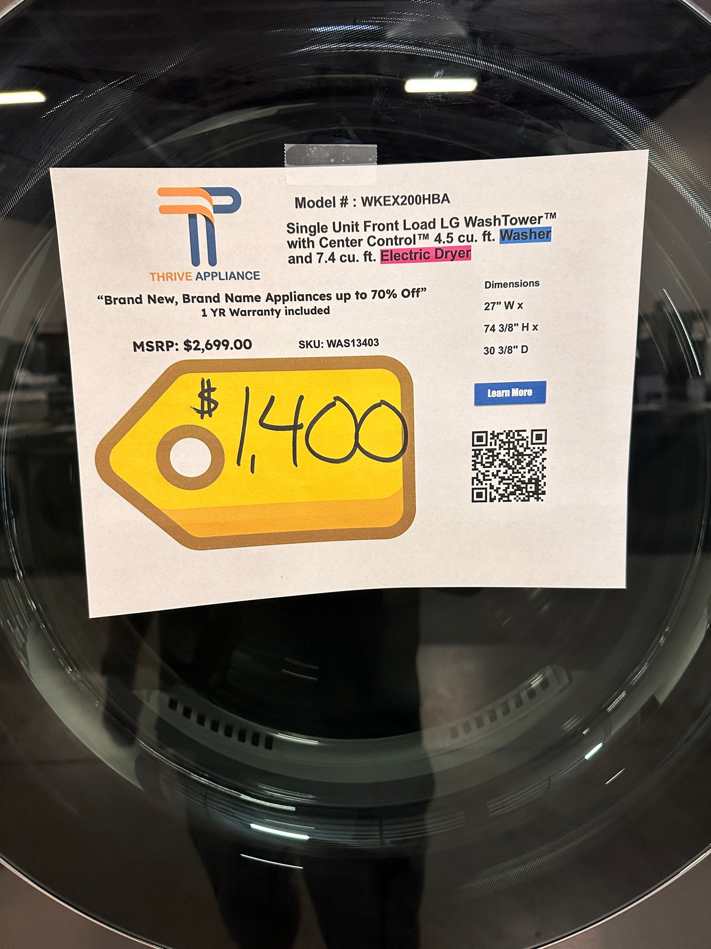 GREAT NEW LG WASHTOWER SMART WASHER and ELECTRIC DRYER MODEL: WKEX200HBA WAS13403
