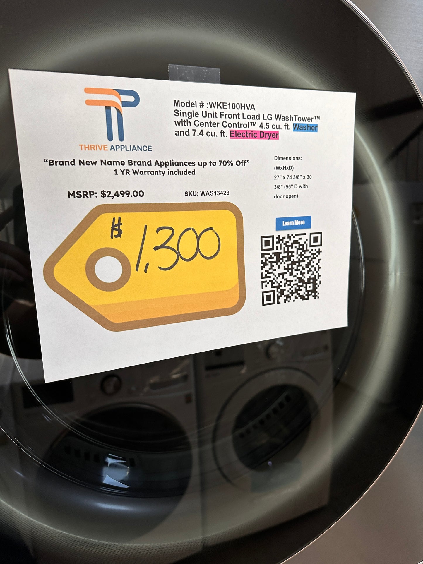 NEW WASHTOWER LG FRONT LOAD WASHER ELECTRIC DRYER UNIT MODEL: WKE100HVA WAS13429