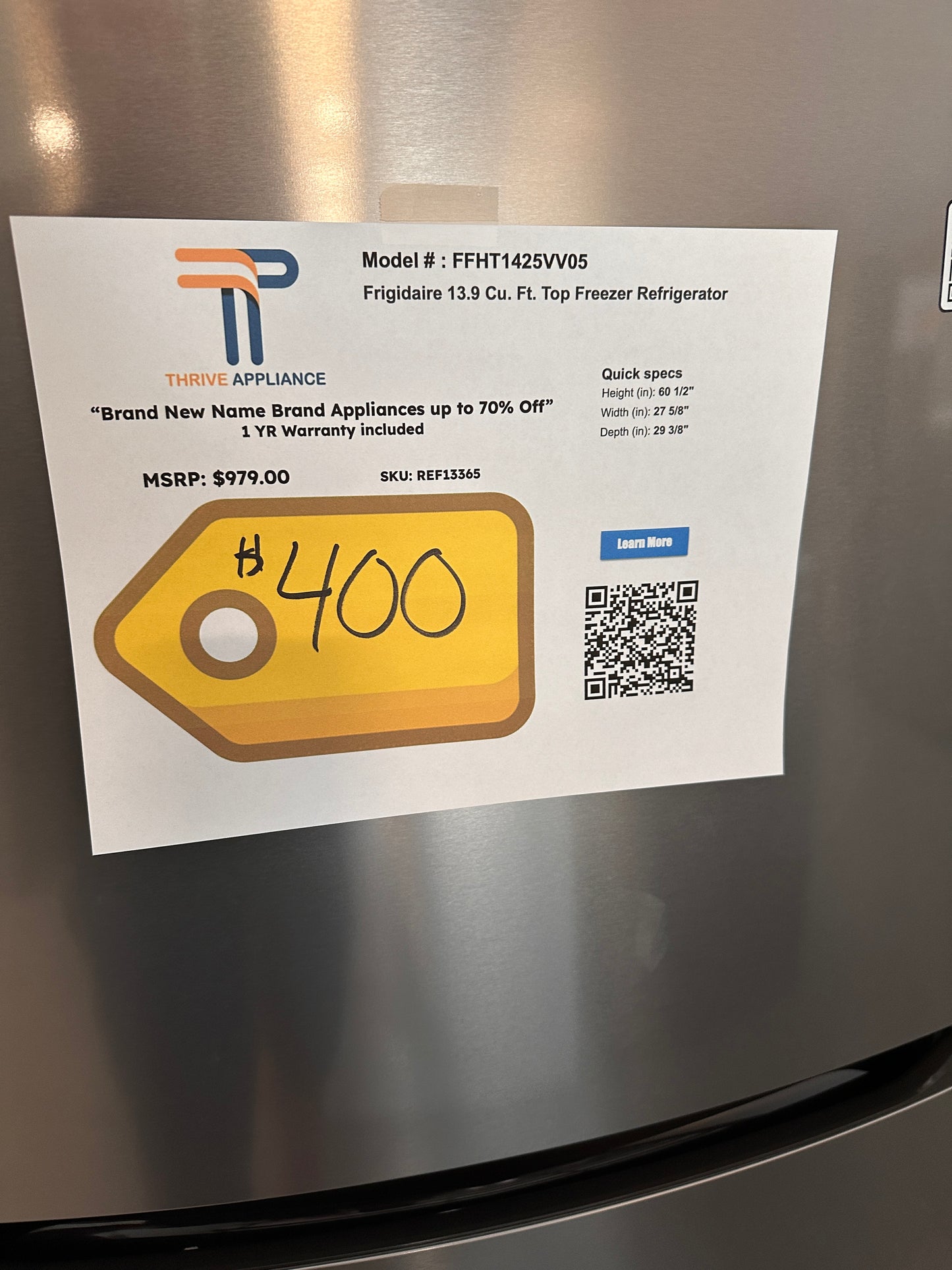 BRUSHED STEEL TOP FREEZER REFRIGERATOR MODEL: FFHT1425VV REF13365