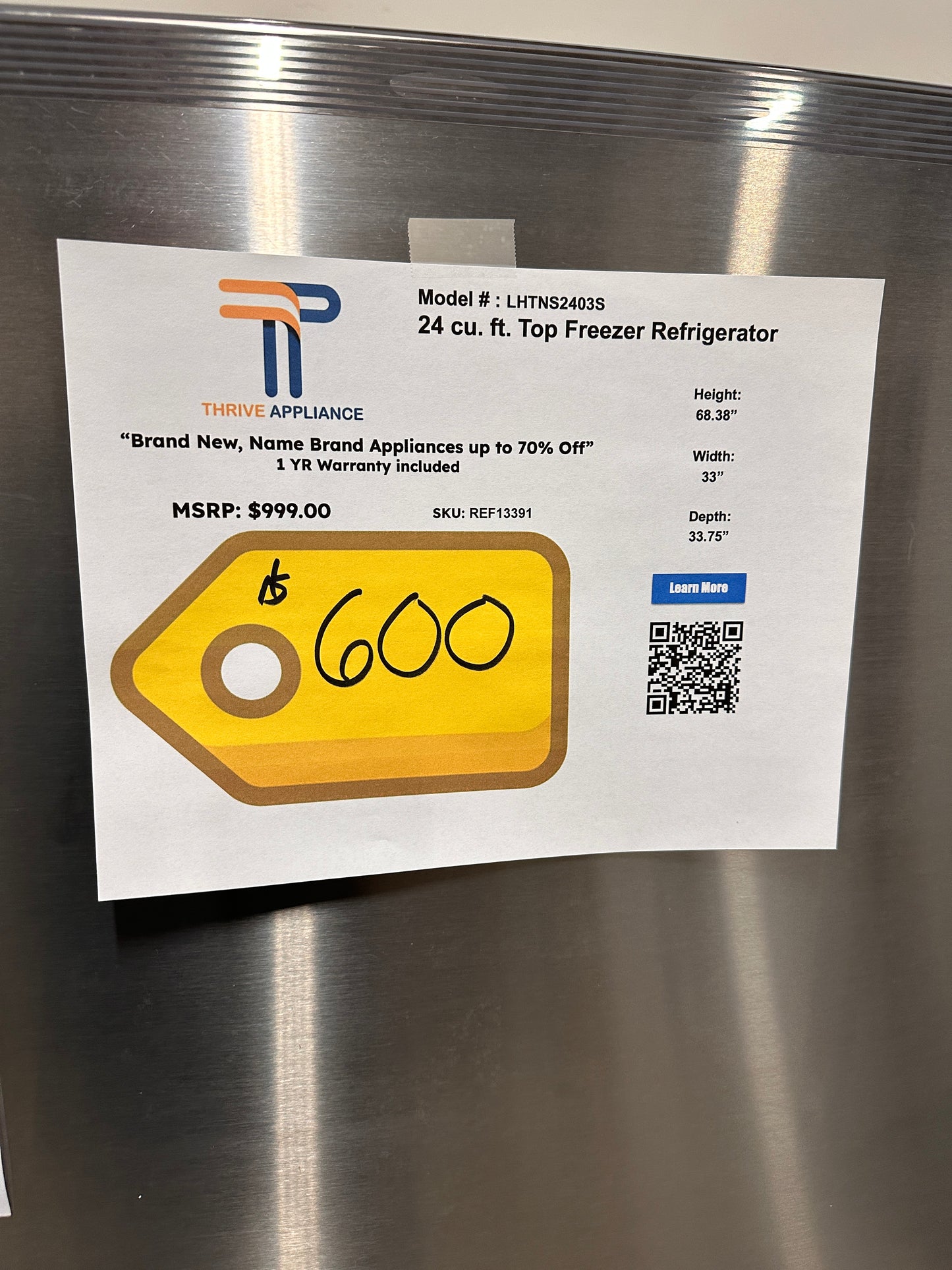 NEW TOP FREEZER REFRIGERATOR WITH INTERNAL WATER DISPENSER MODEL: LHTNS2403S REF13391