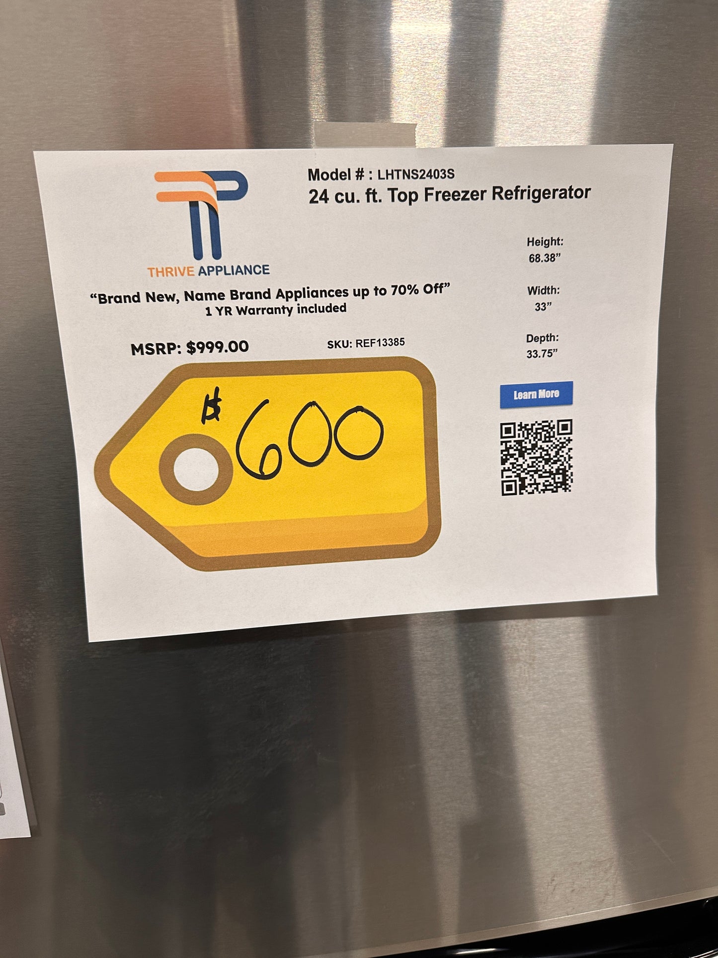 BRAND NEW LG TOP FREEZER REFRIGERATOR with INTERNAL WATER MODEL: LHTNS2403S REF13385