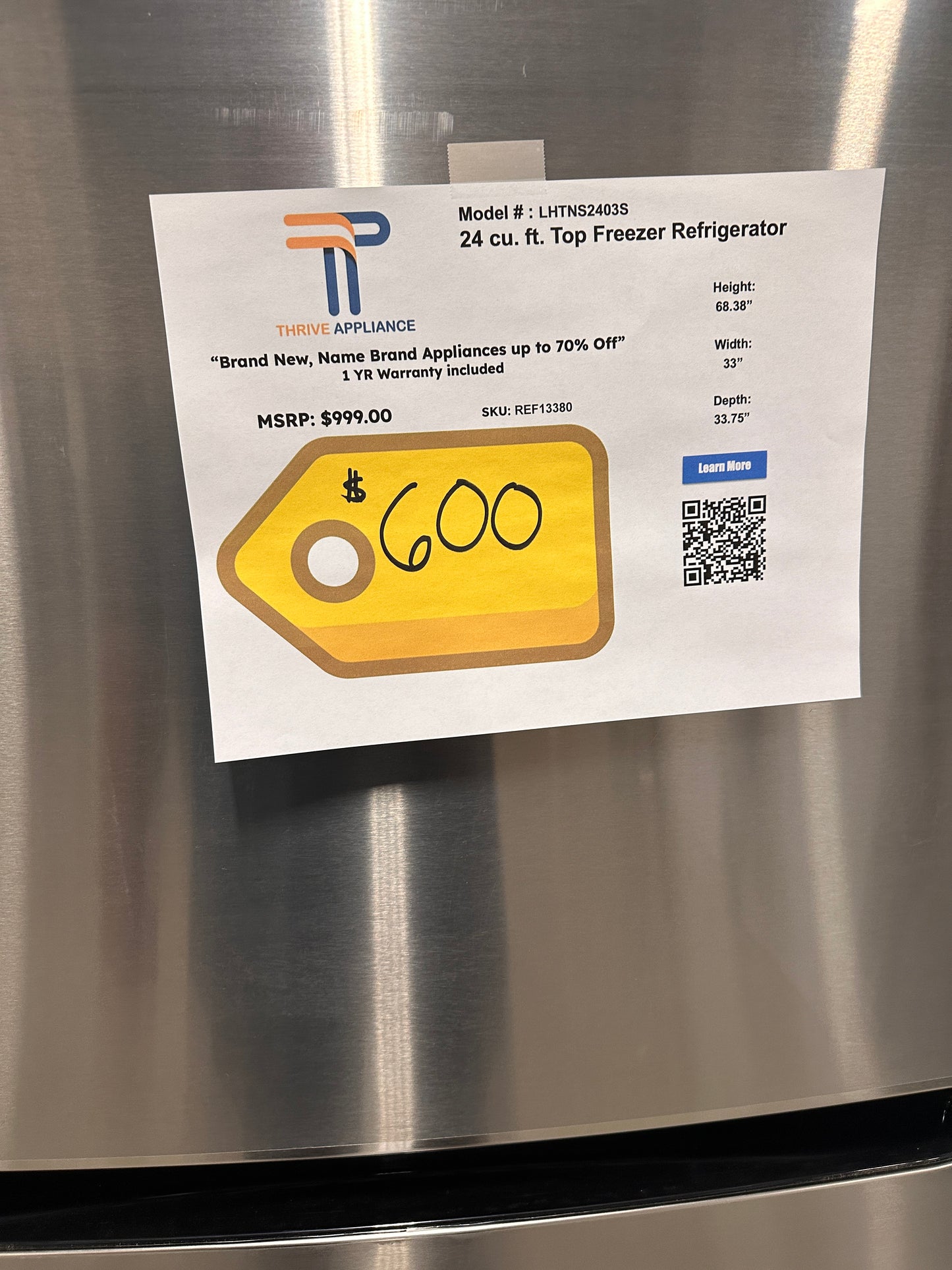 GREAT NEW LG TOP FREEZER STAINLESS STEEL REFRIGERATOR MODEL: LHTNS2403S REF13380