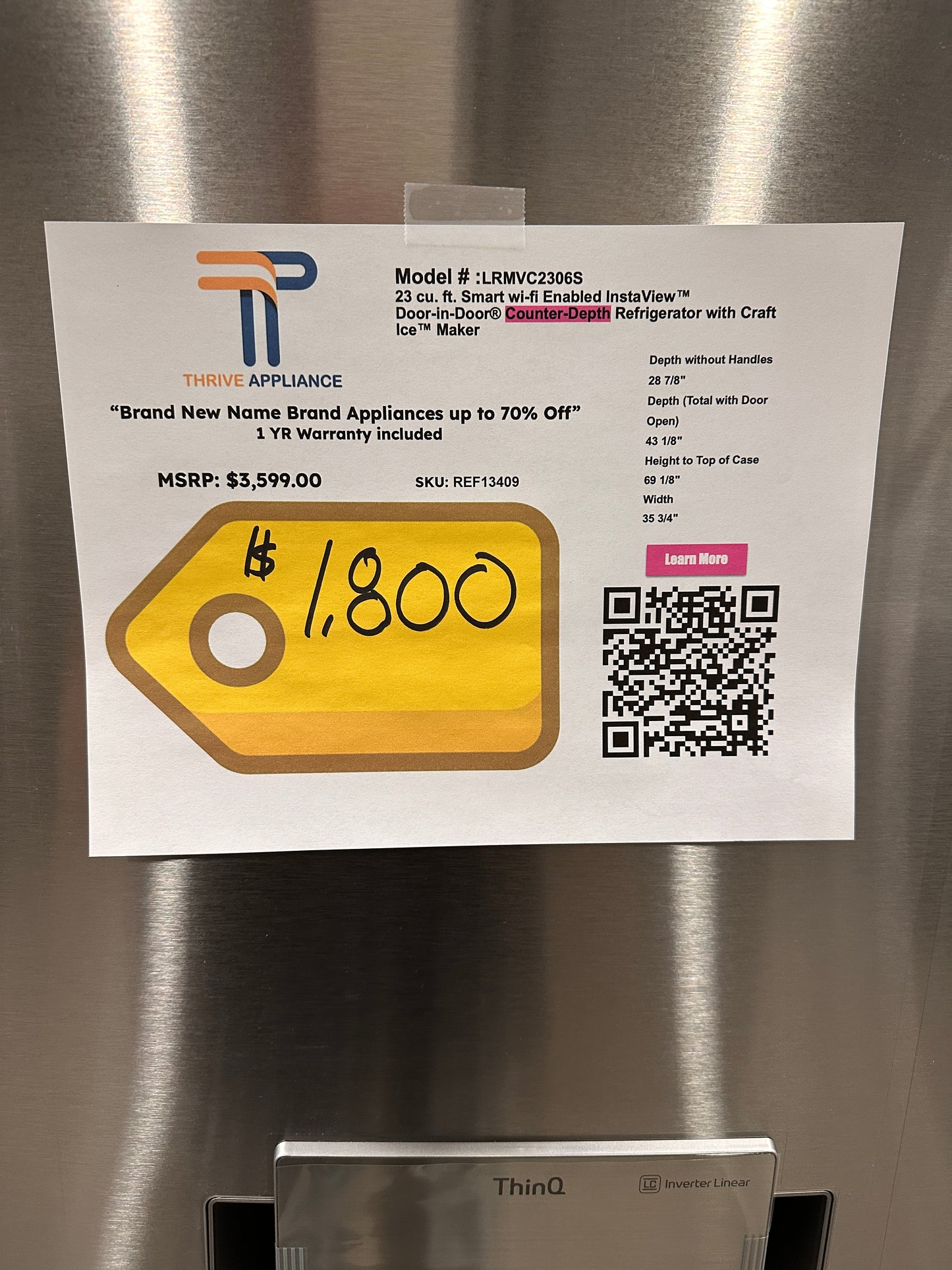 NEW COUNTER DEPTH LG REFRIGERATOR WITH CRAFT ICE MODEL: LRMVC2306S REF13409