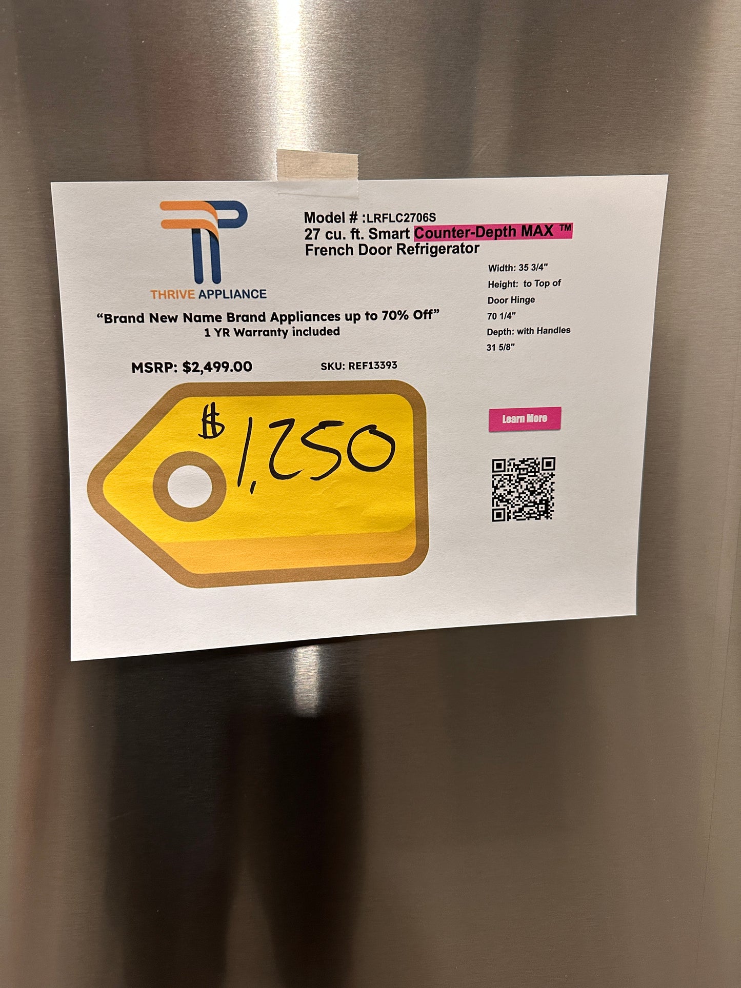 BRAND NEW LG FRENCH DOOR COUNTER DEPTH MAX FRIDGE MODEL: LRFLC2706S REF13393