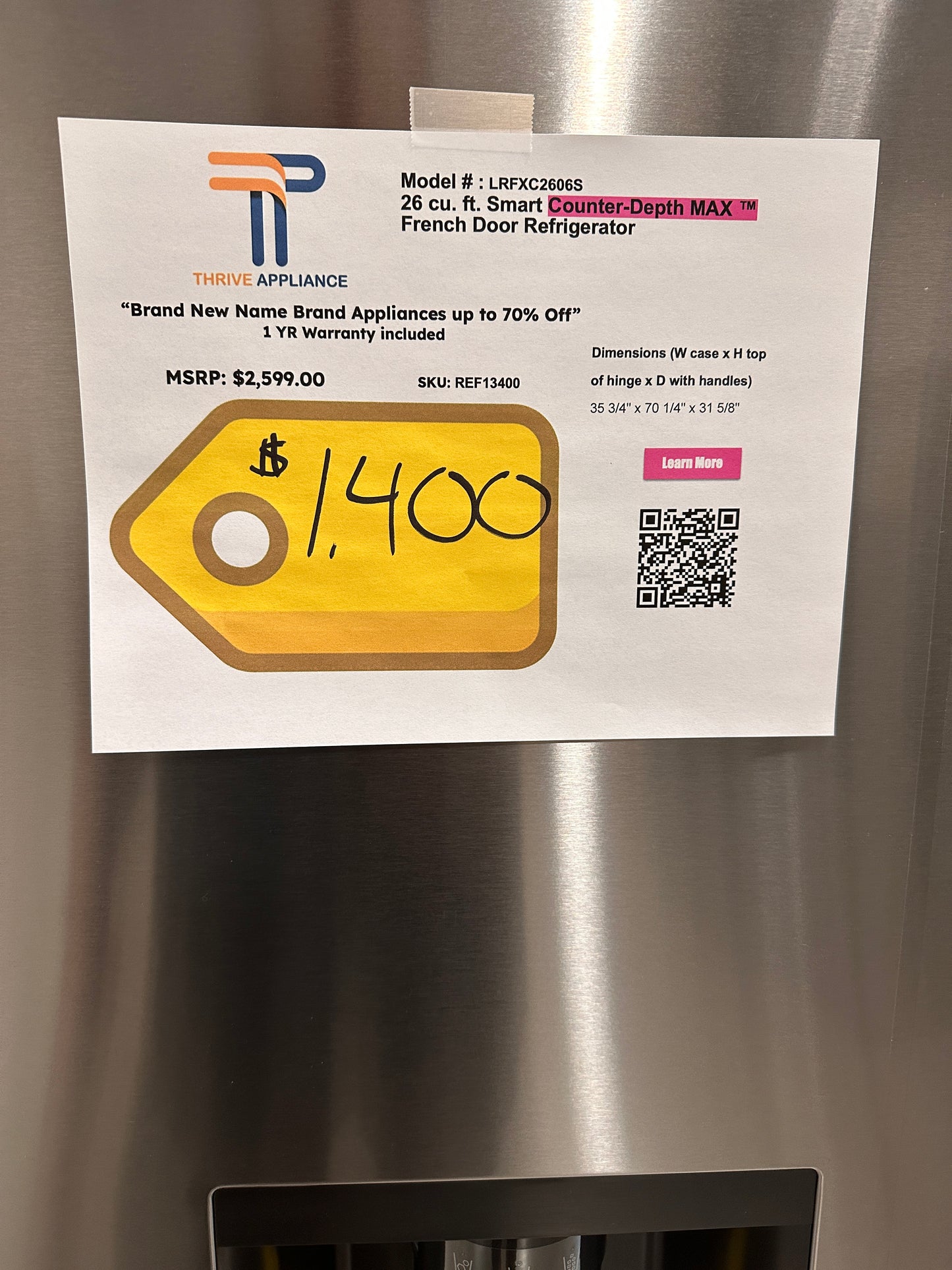 25.5 CU FT COUNTER DEPTH MAX LG REFRIGERATOR MODEL: LRFXC2606S REF13400