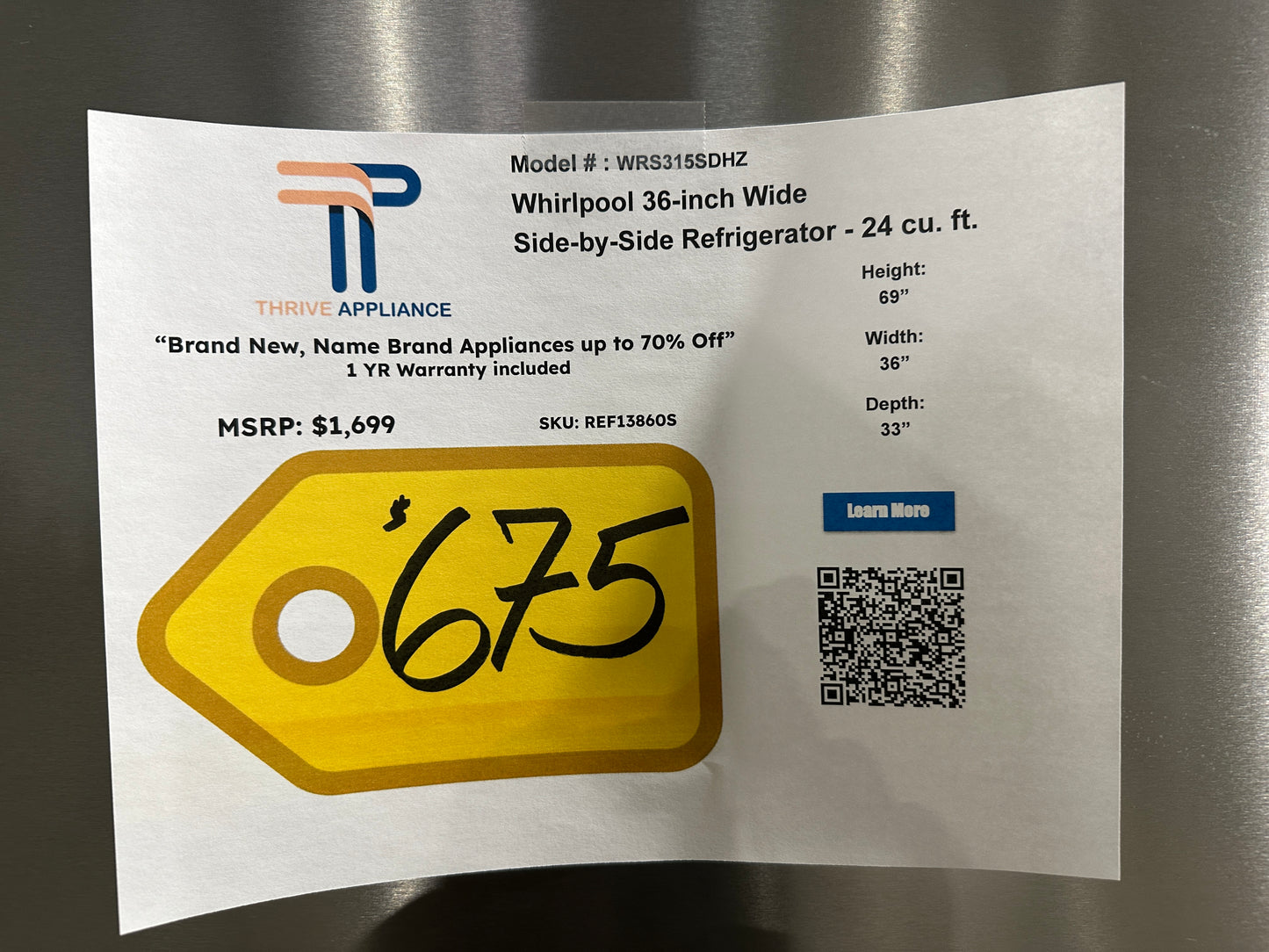 GREAT PRICE! Whirlpool 36 Side-by-Side Refrigerator MODEL: WRS315SDHZ REF13860S