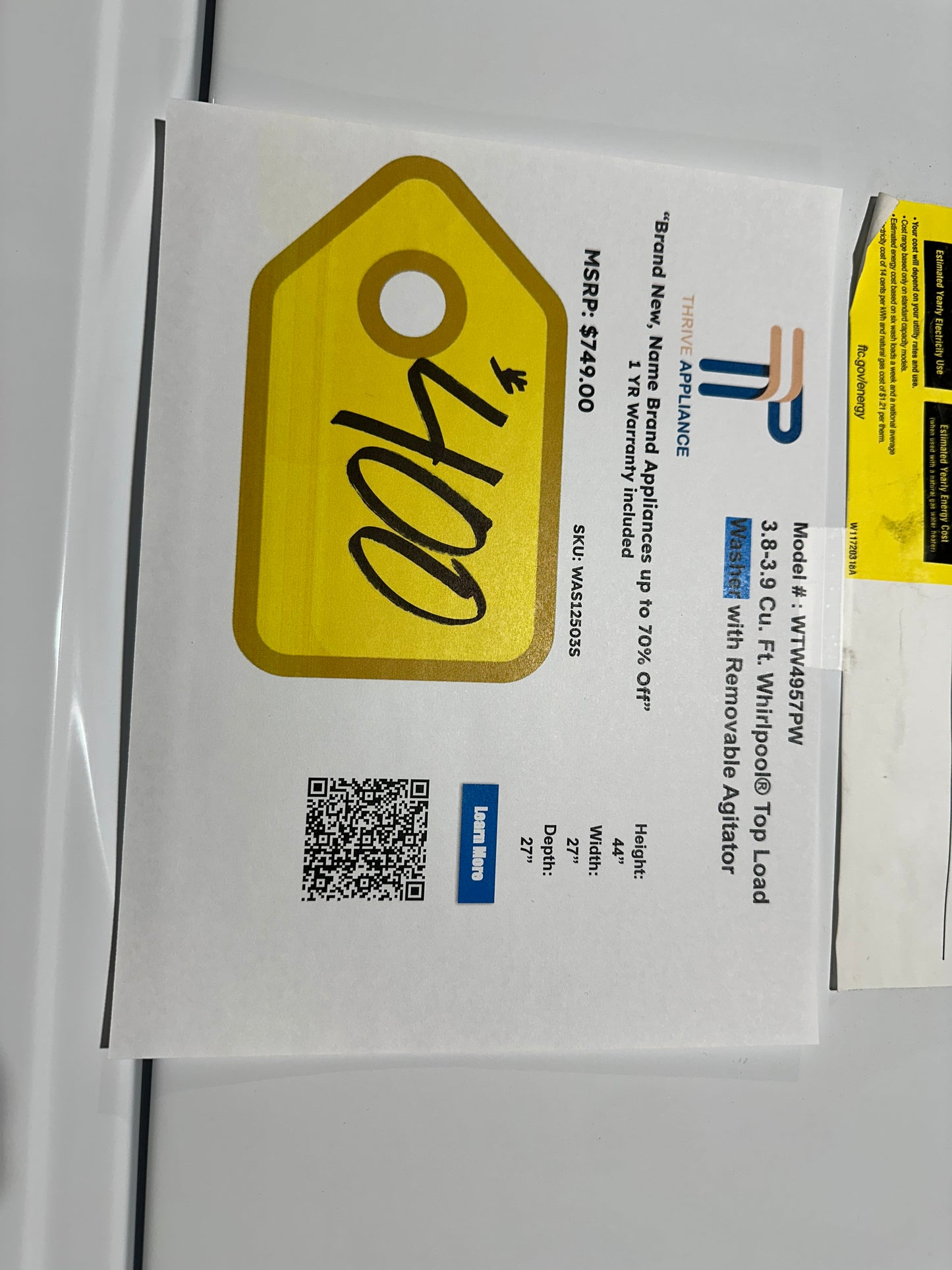 GREAT NEW WHIRLPOOL TOP LOAD WASHER MODEL: WTW4957PW WAS12503S