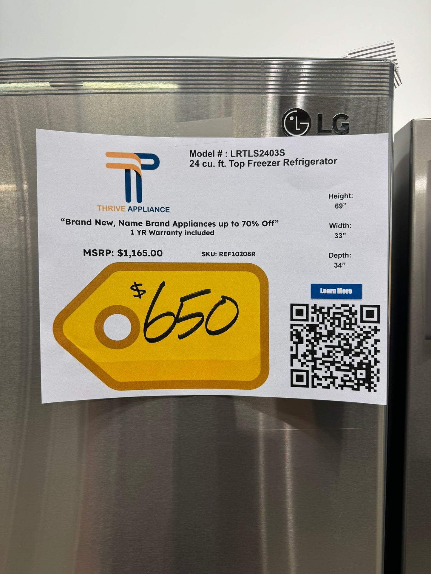 BRAND NEW STAINLESS STEEL LG GARAGE FRIDGE MODEL: LRTLS2403S REF10208R