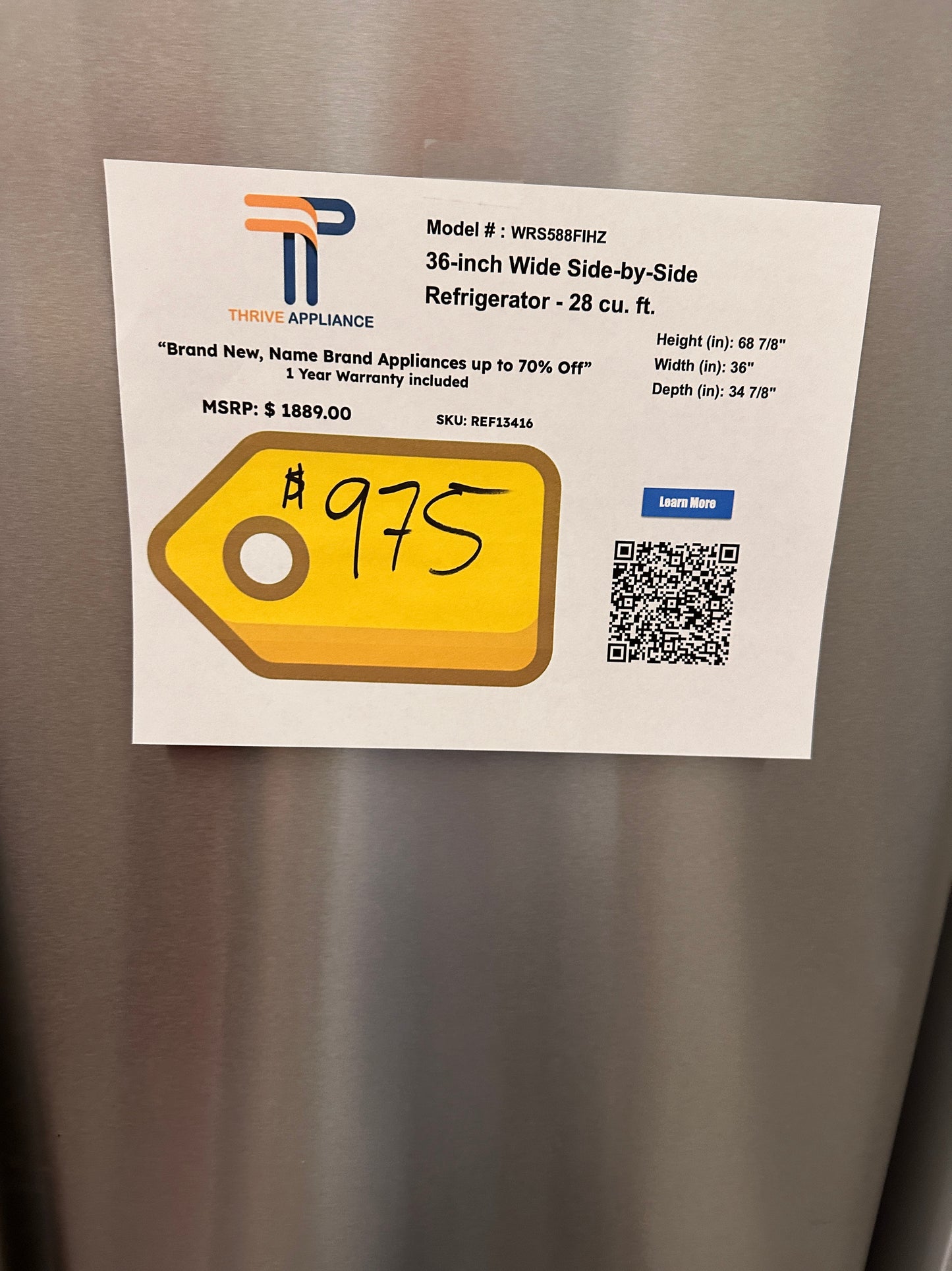 NEW WHIRLPOOL SIDE BY SIDE REFRIGERATOR with IN DOOR ICE STORAGE MODEL: WRS588FIHZ REF13416