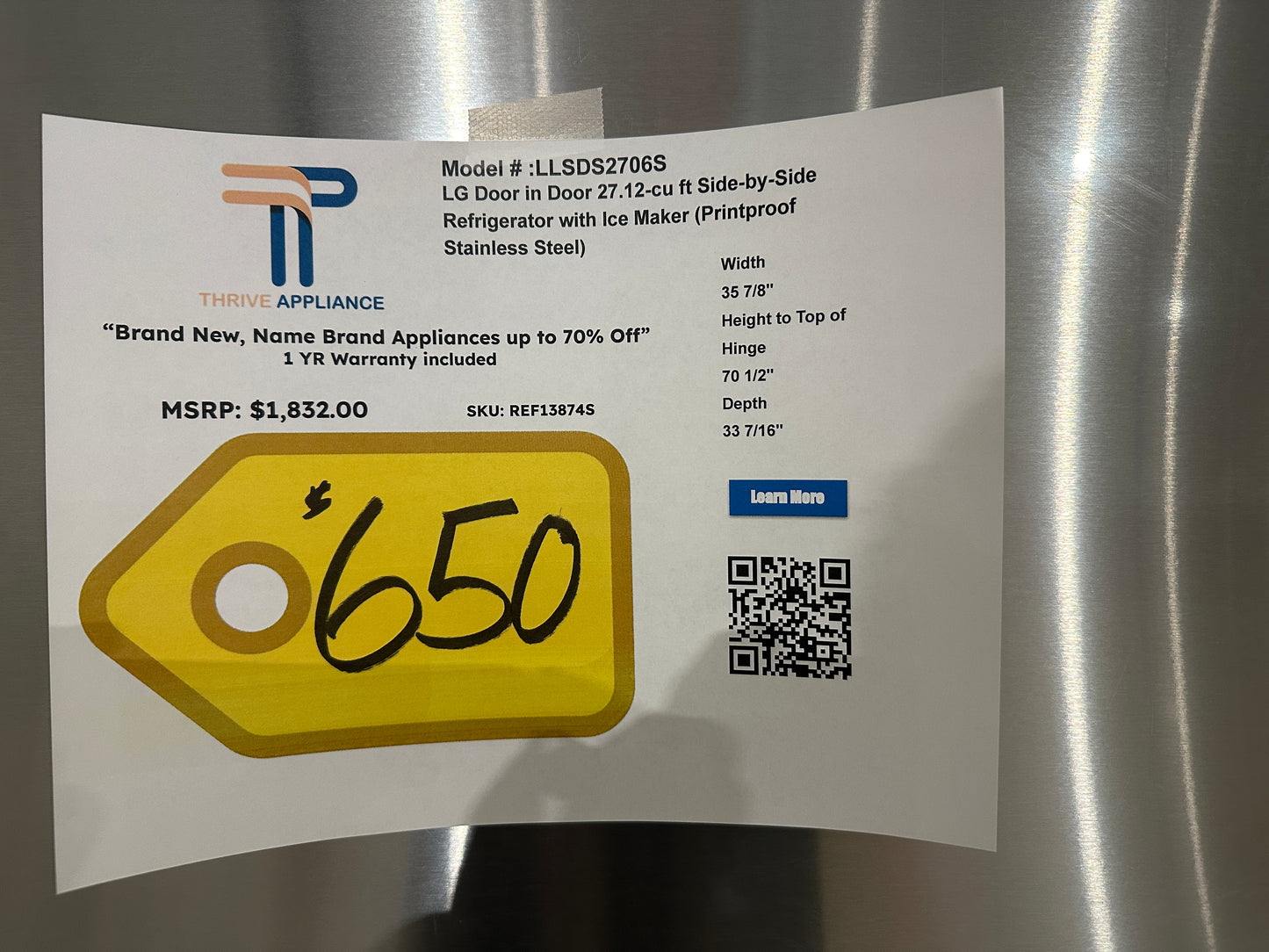 BRAND NEW SIDE-BY-SIDE LG REFRIGERATOR MODEL: LLSDS2706S REF13874S