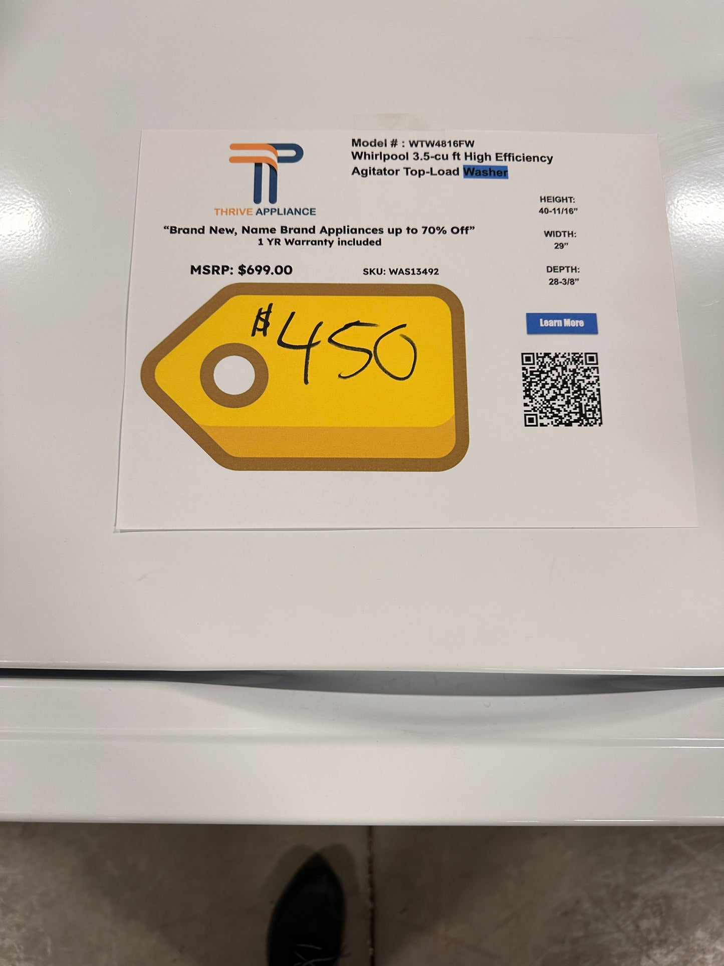 GREAT NEW WHIRLPOOL TOP-LOADING WASHER MODEL: WTW4816FW WAS13492