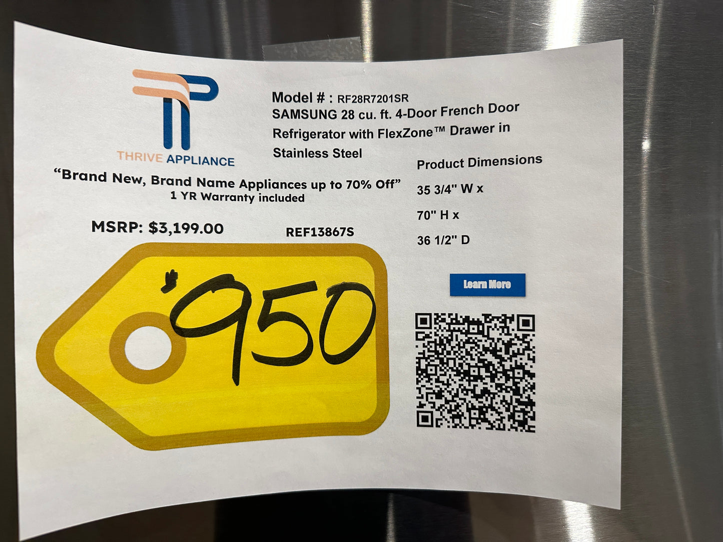 BRAND NEW! Samsung 28 cu. ft. 4-Door French Door Refrigerator MODEL: RF28R7201SR REF13867S