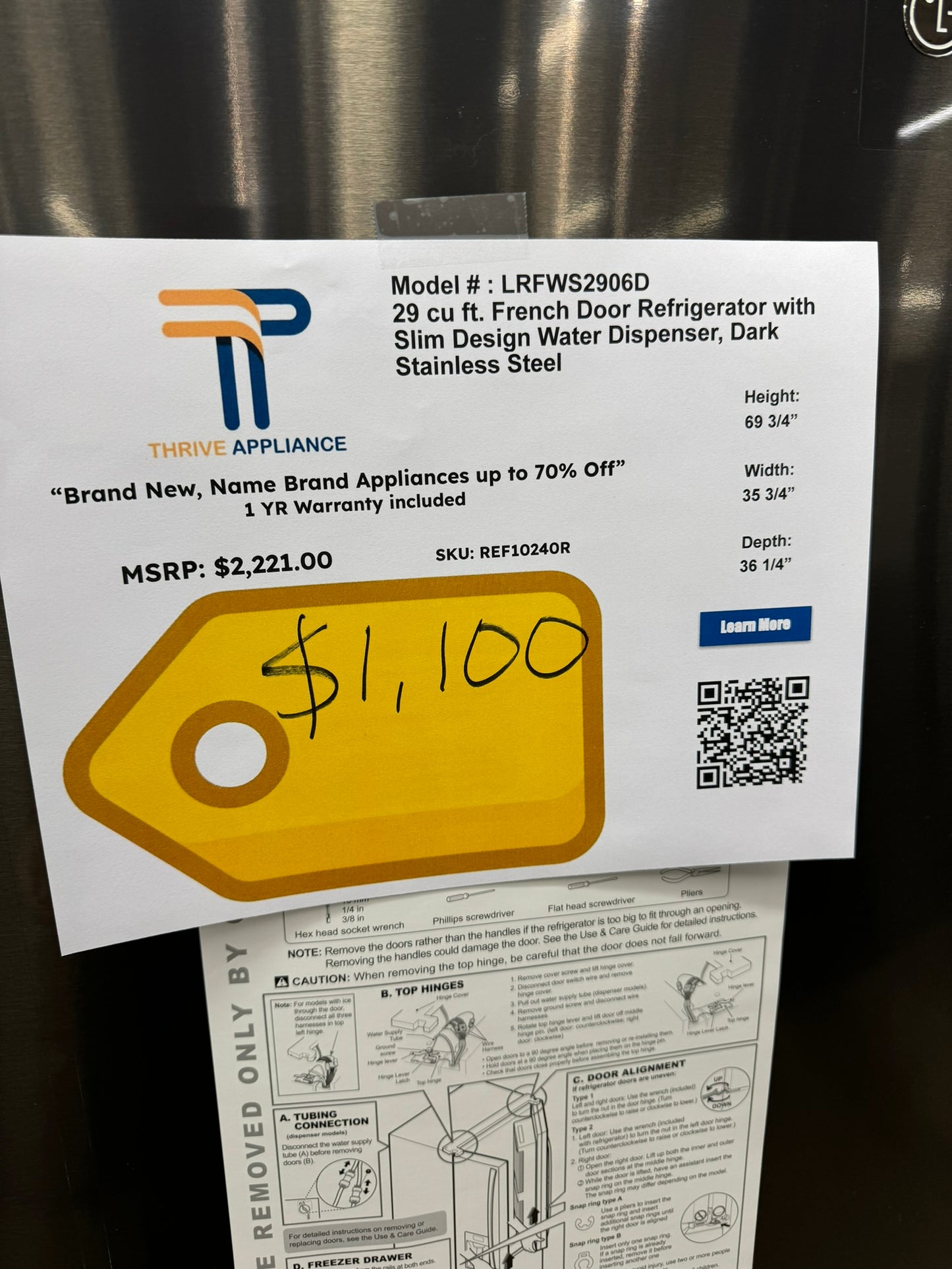 GREAT NEW LG FRENCH DOOR SMART REFRIGERATOR MODEL: LRFWS2906D REF10240R