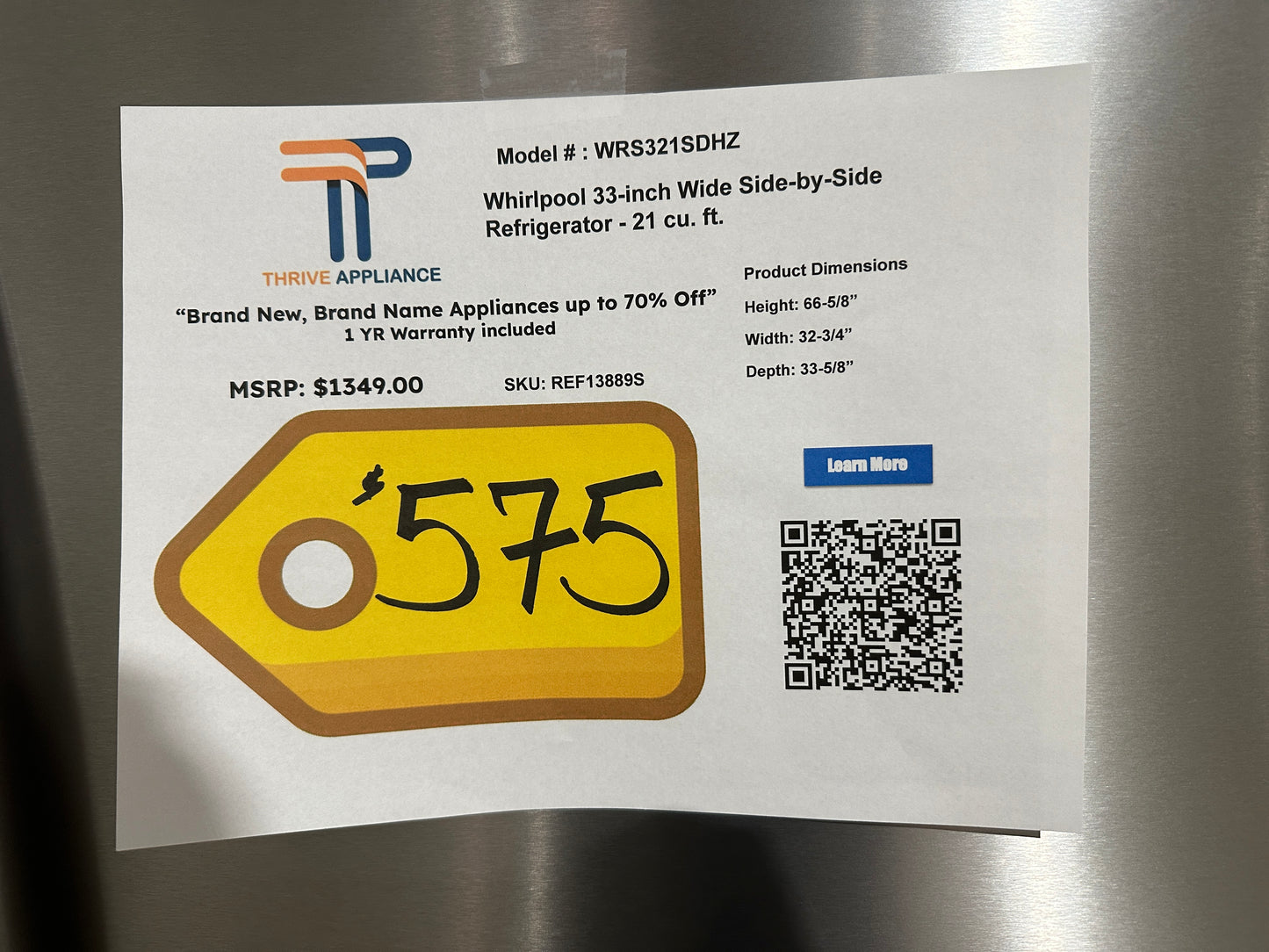 BEAUTIFUL! Whirlpool 33-inch Wide Side-by-Side Refrigerator MODEL: WRS321SDHZ REF13889S