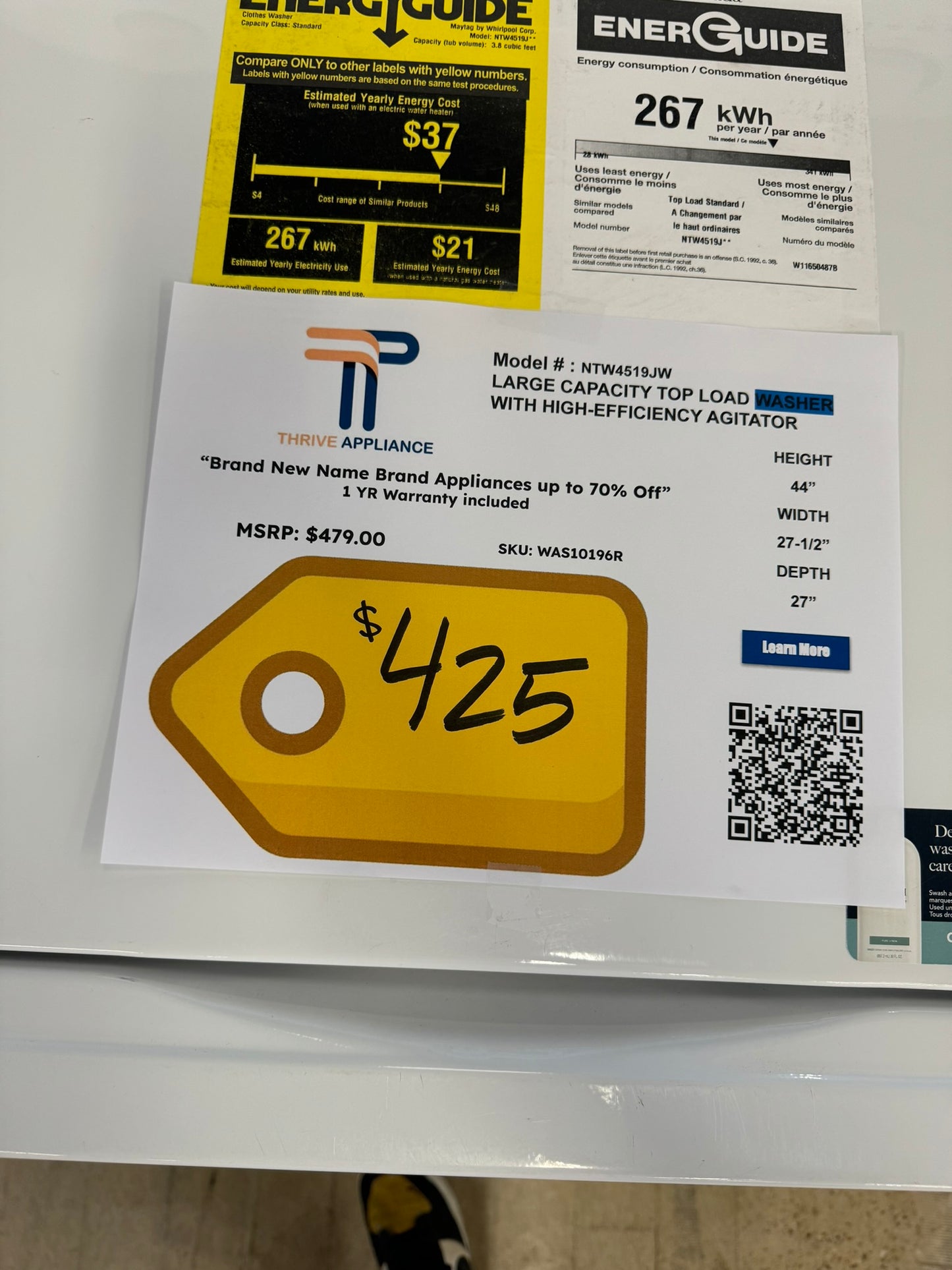 New Amana Top Load Washer with High-Efficiency Agitator - White MODEL: NTW4519JW WAS101967RS