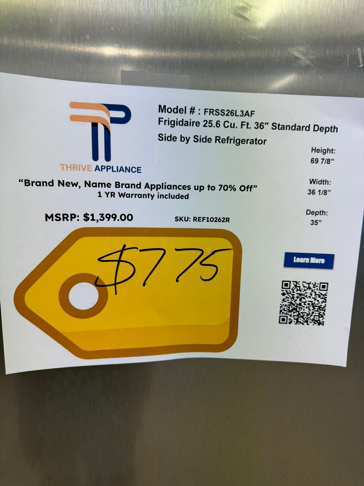 New Frigidaire - 25.6 Cu. Ft. Side-by-Side Refrigerator - Silver MODEL: FRSS26L3AF REF10262R