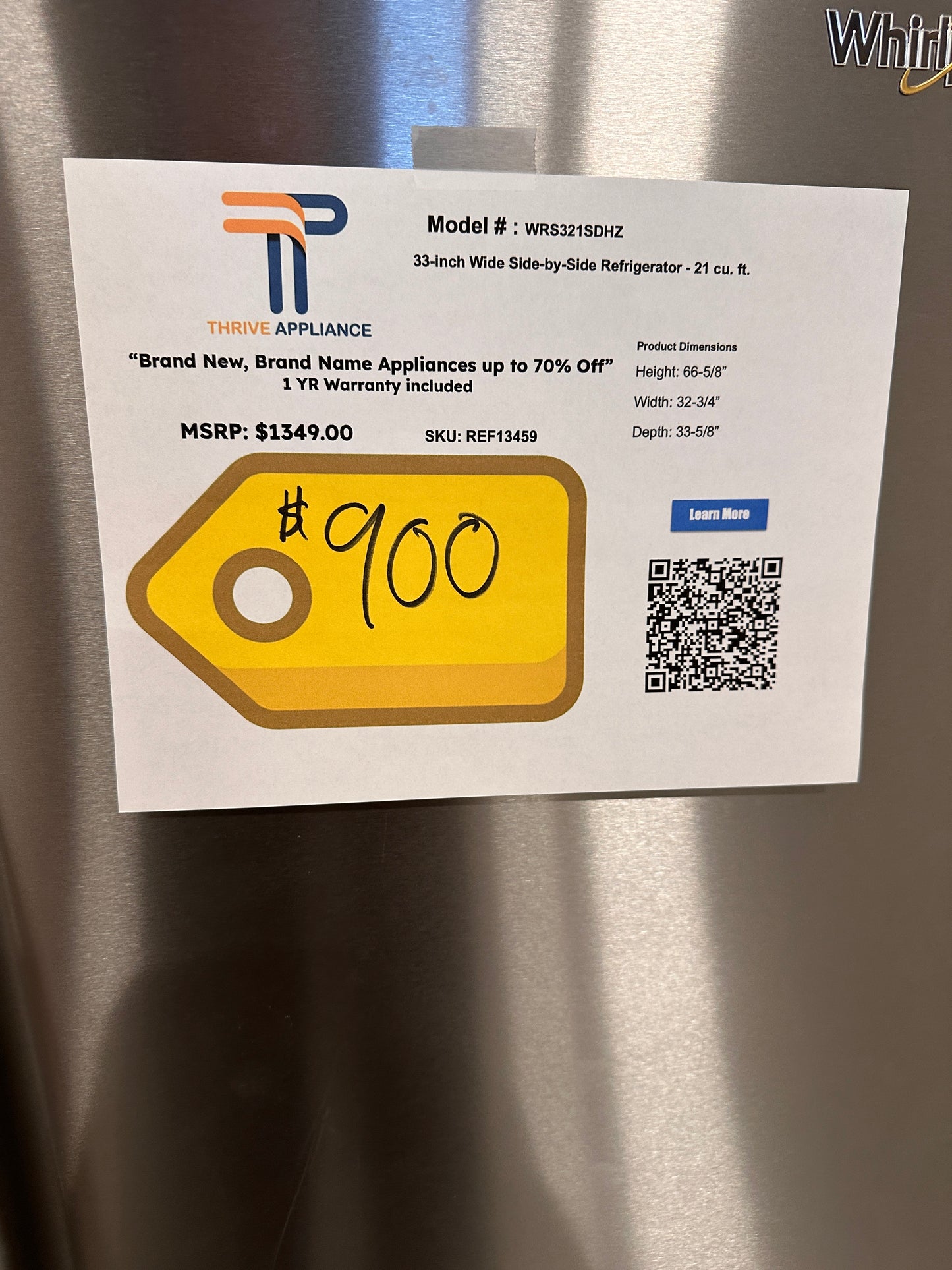 GREAT NEW SIDE-BY-SIDE WHIRLPOOL REFRIGERATOR MODEL: WRS321SDHZ REF13459
