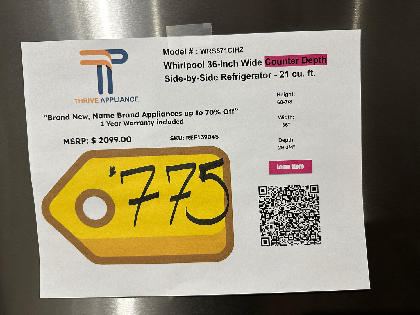 GREAT NEW WHIRLPOOL COUNTER DEPTH REFRIGERATOR REFRIGERATOR MODEL: WRS571CIHZ REF13904S