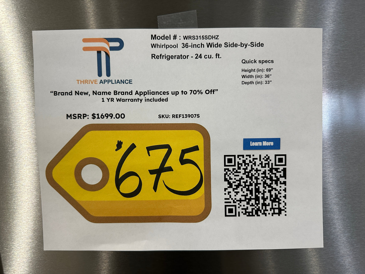 BRAND NEW! Whirlpool 36 Side-By-Side Refrigerator MODEL: WRS315SDHZ REF13907S