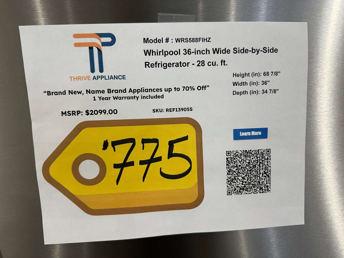 GORGEOUS NEW WHIRLPOOL SIDE-BY-SIDE REFRIGERATOR MODEL: WRS588FIHZ REF13905S