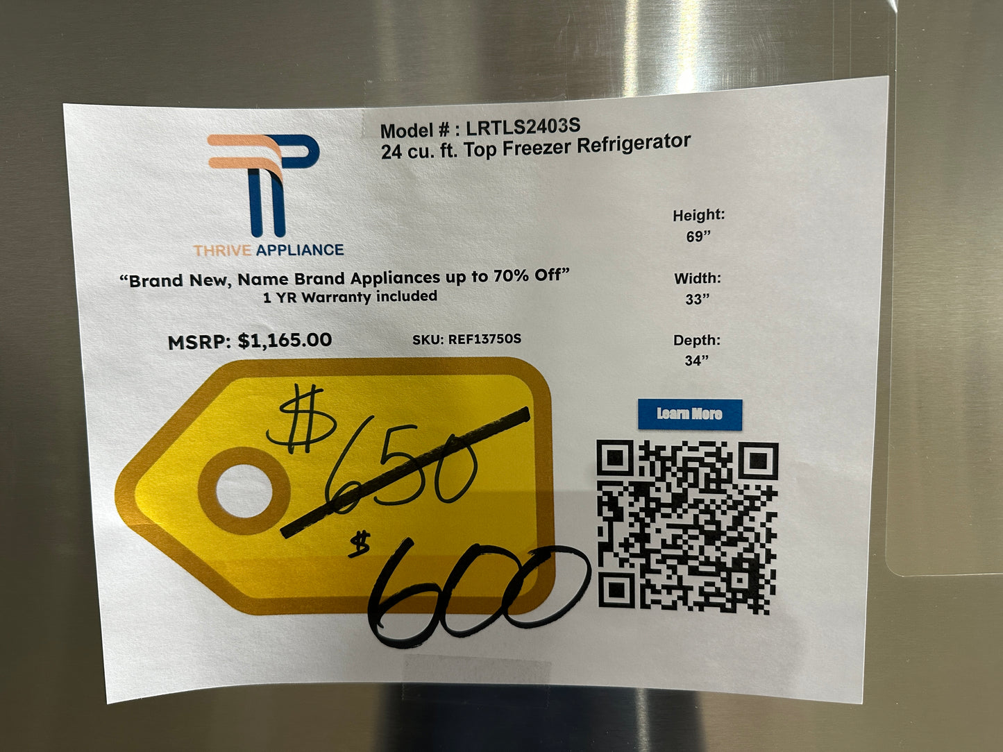 GREAT NEW LG TOP FREEZER REFRIGERATOR MODEL: LRTLS2403S REF13750S