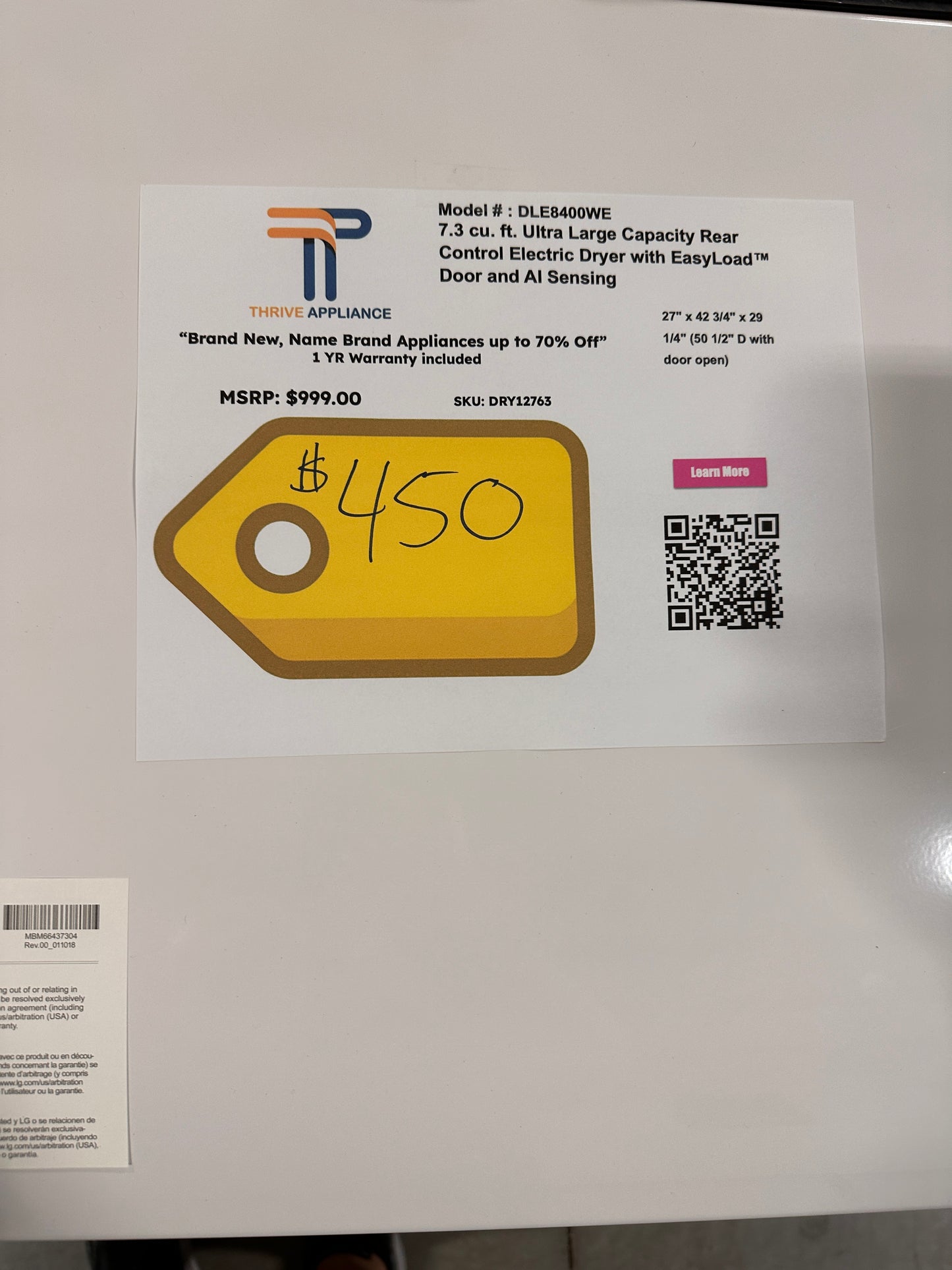 GREAT NEW LG SMART ELECTRIC DRYER with EASYLOAD DOOR MODEL: DLE8400WE DRY12763