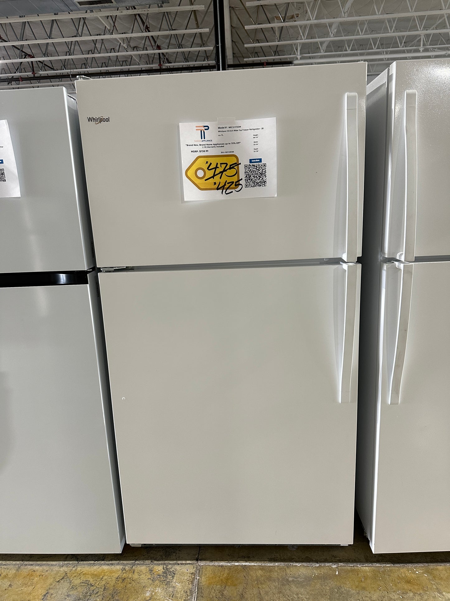 Whirlpool 33-inch Wide Top Freezer Refrigerator MODEL: WRT311FZDW REF13848S