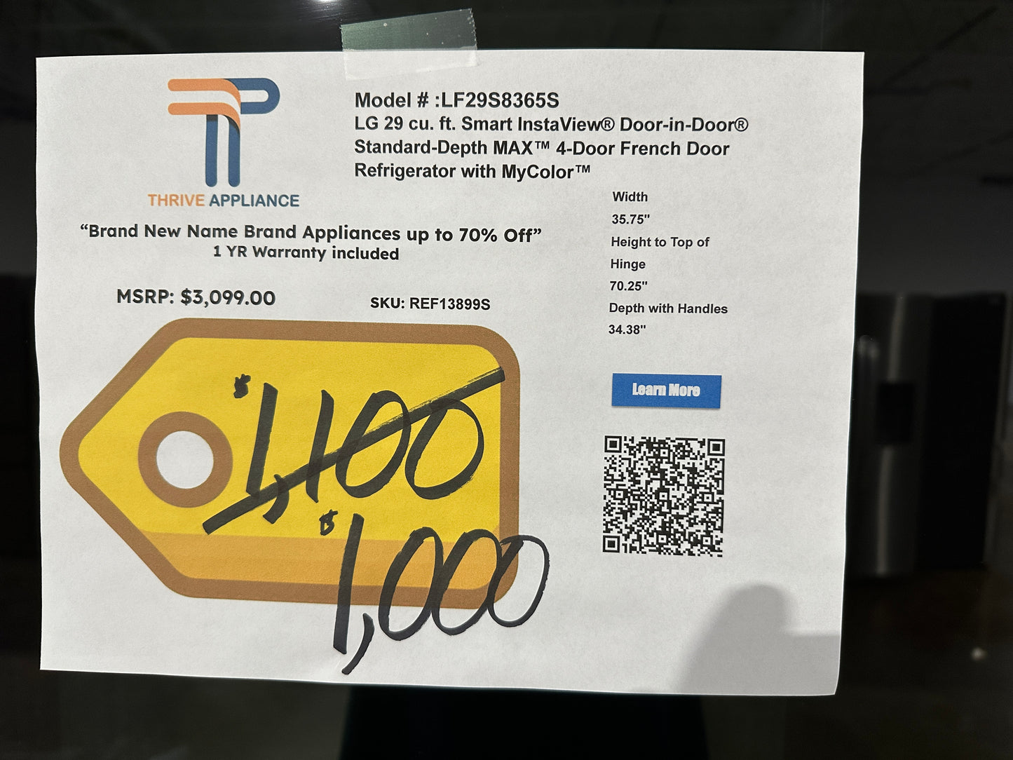 GREAT NEW LG SMART STANDARD DEPTH REFRIGERATOR MODEL: LF29S8365S REF13899S