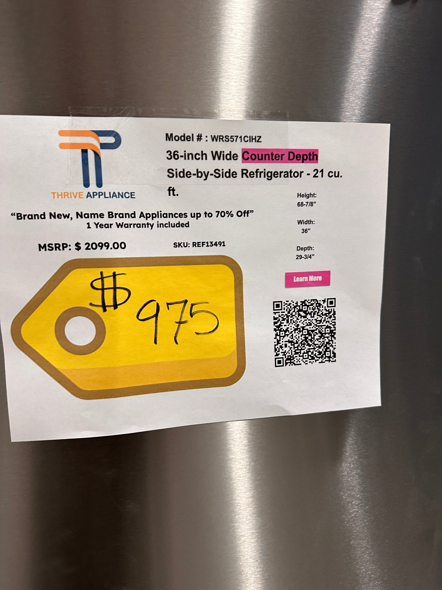 GREAT NEW WHIRLPOOL COUNTER-DEPTH REFRIGERATOR MODEL: WRS571CIHZ REF13491