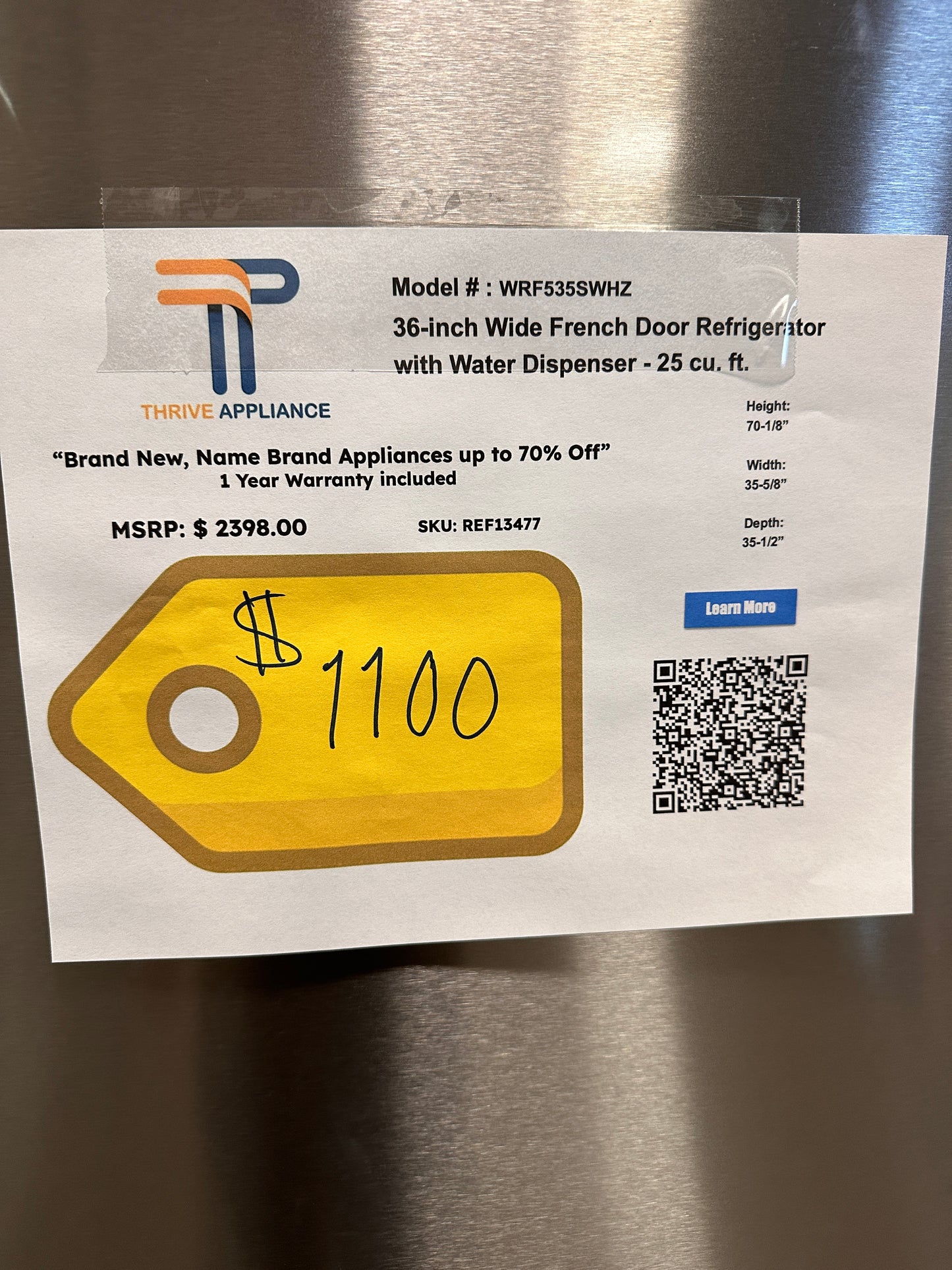 GREAT NEW WHIRLPOOL FRENCH DOOR REFRIGERATOR MODEL: WRF535SWHZ REF13477
